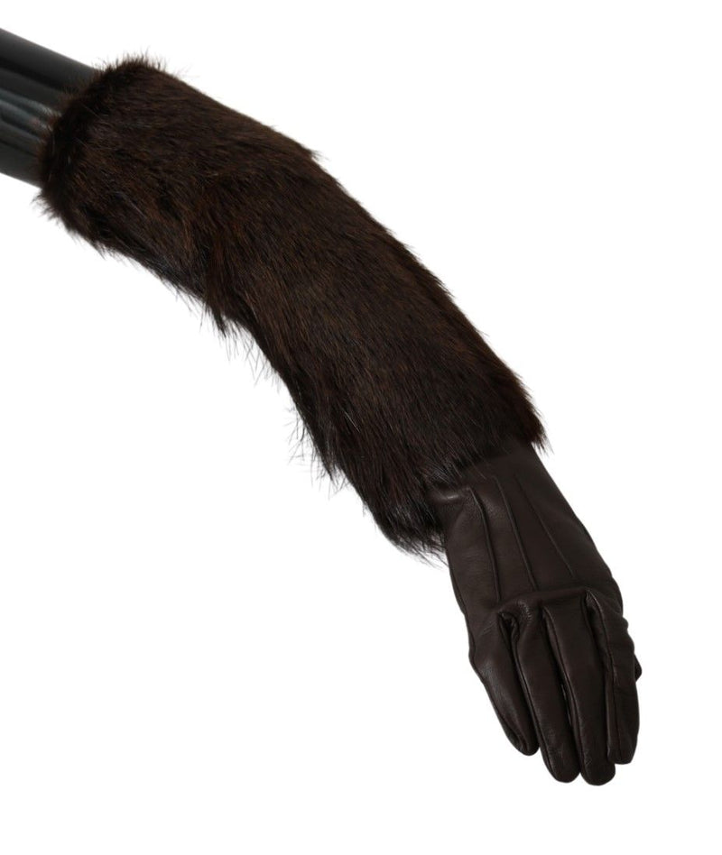 Dolce & Gabbana Brown Elbow Length Mittens Leather Fur Women's Gloves