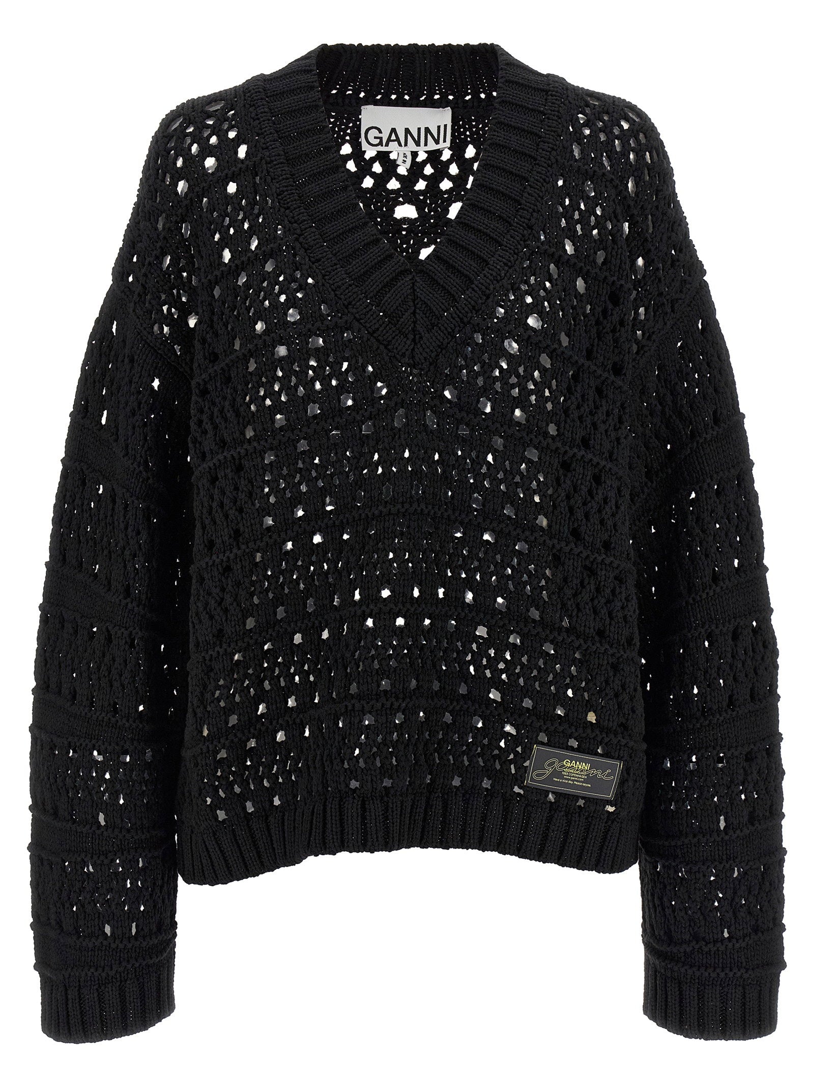 Ganni Women's Black Crochet V-Neck Sweater