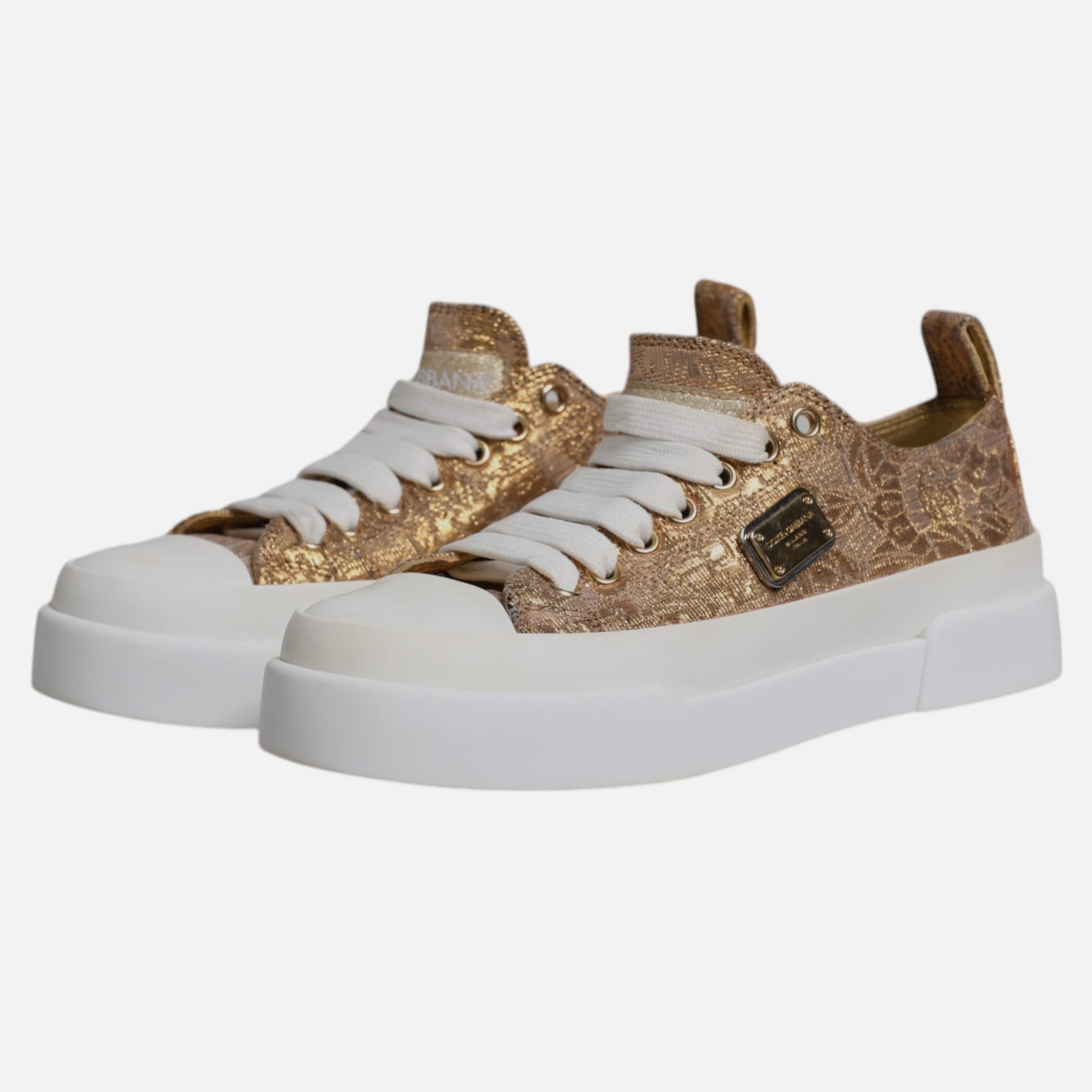 Dolce & Gabbana Gold White Logo Low Top Sneakers Women's Shoes (Pre-Owned)