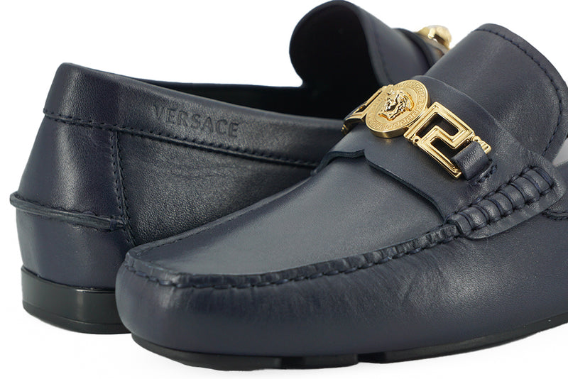 Versace Elegant Navy Blue Calf Leather Men's Loafers