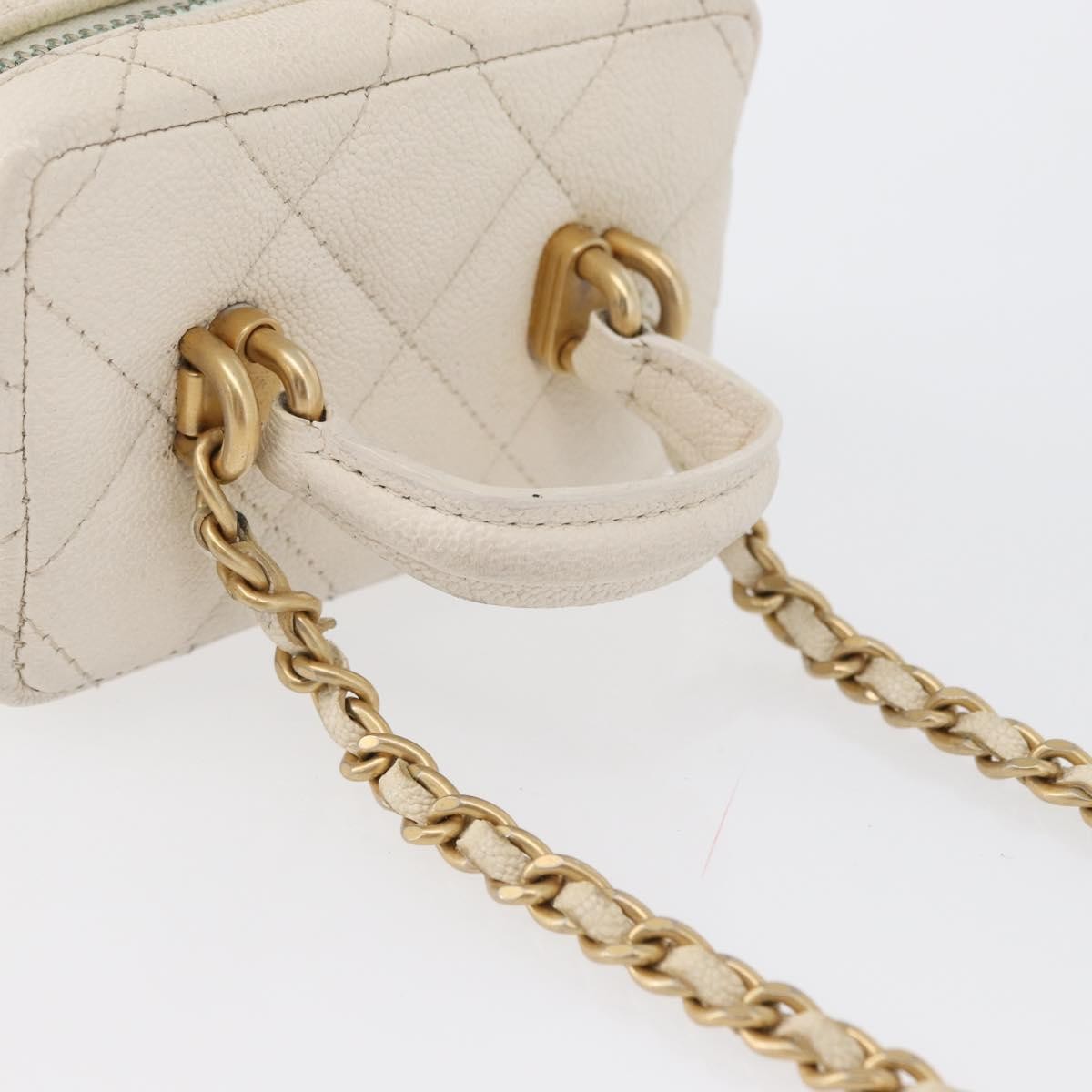 Chanel Top Handle Zip Around Vanity Case With Chain Quilted Caviar White Leather Handbag (Pre-Owned)