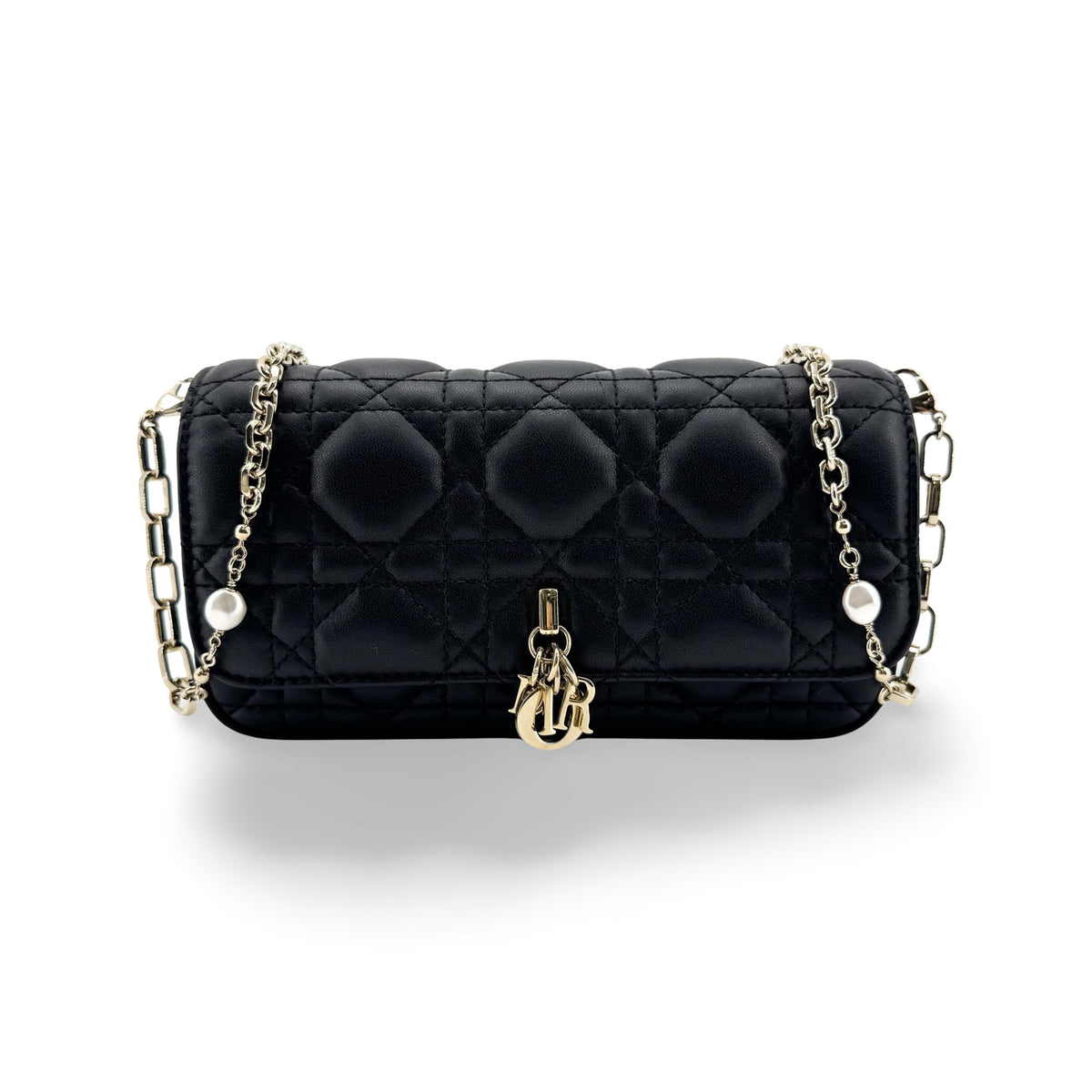 Christian Dior Lady Dior Chain Phone Cannage Quilt Lambskin Black Leather Clutche & Pouche Bag (Pre-Owned)