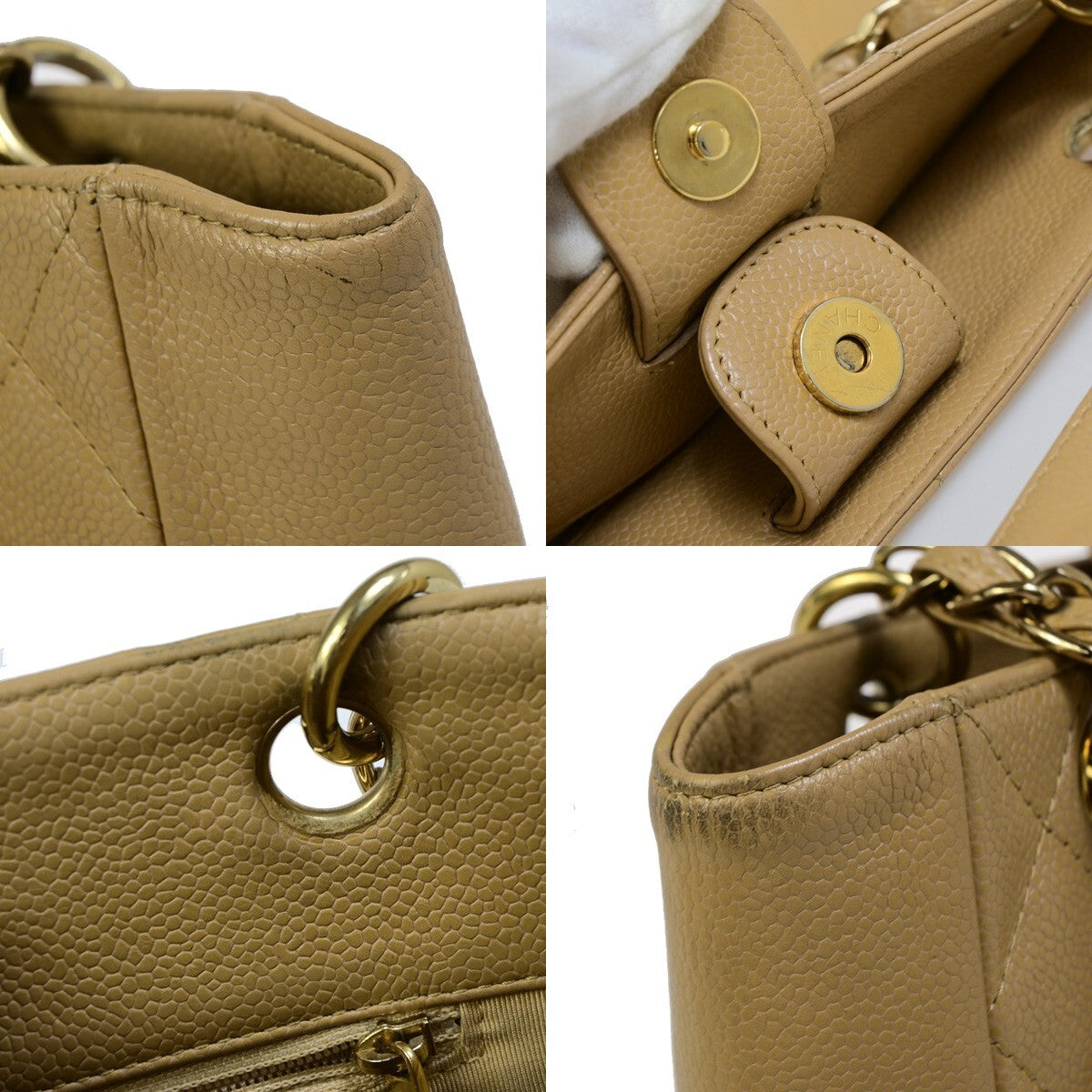 Chanel Petite Shopping Tote Quilted Caviar Beige Leather Bag (Pre-Owned)