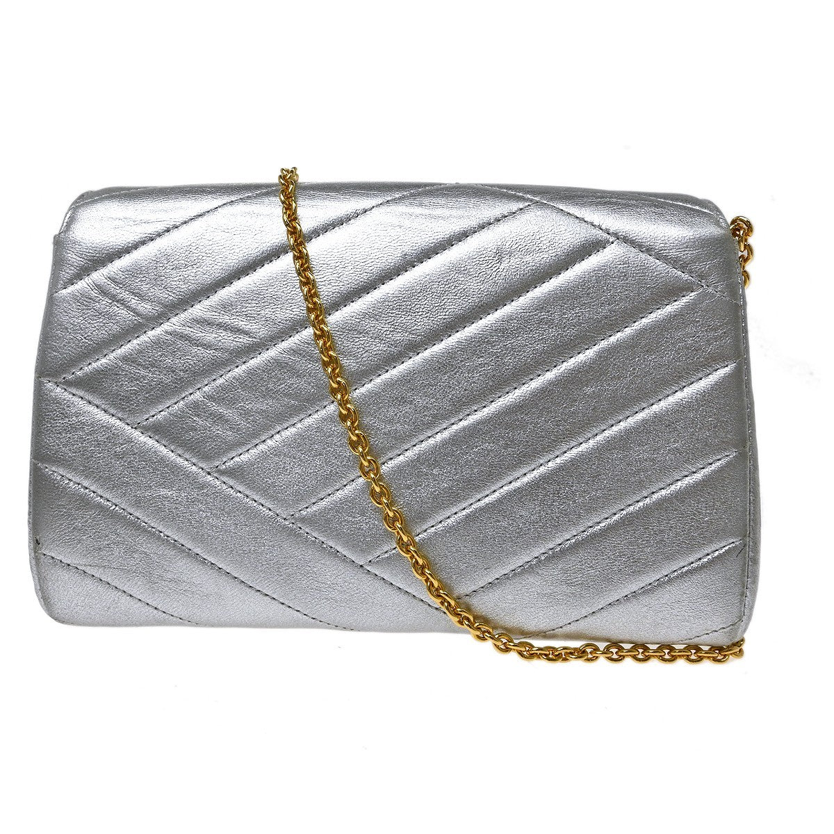 Chanel Vintage Crystal Cc Flap Chevron Leather Silver Leather Shoulder Bag Bag (Pre-Owned)