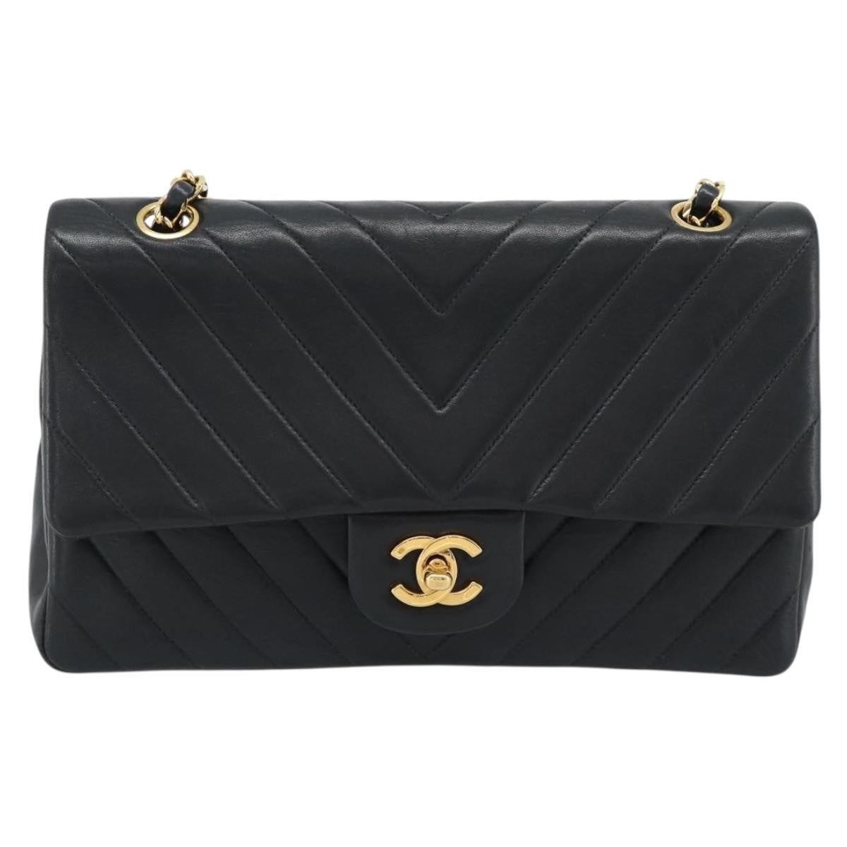 Chanel Timeless - Classic Double Flap Chevron Calfskin Black Calfskin Shoulder Bag Bag (Pre-Owned)