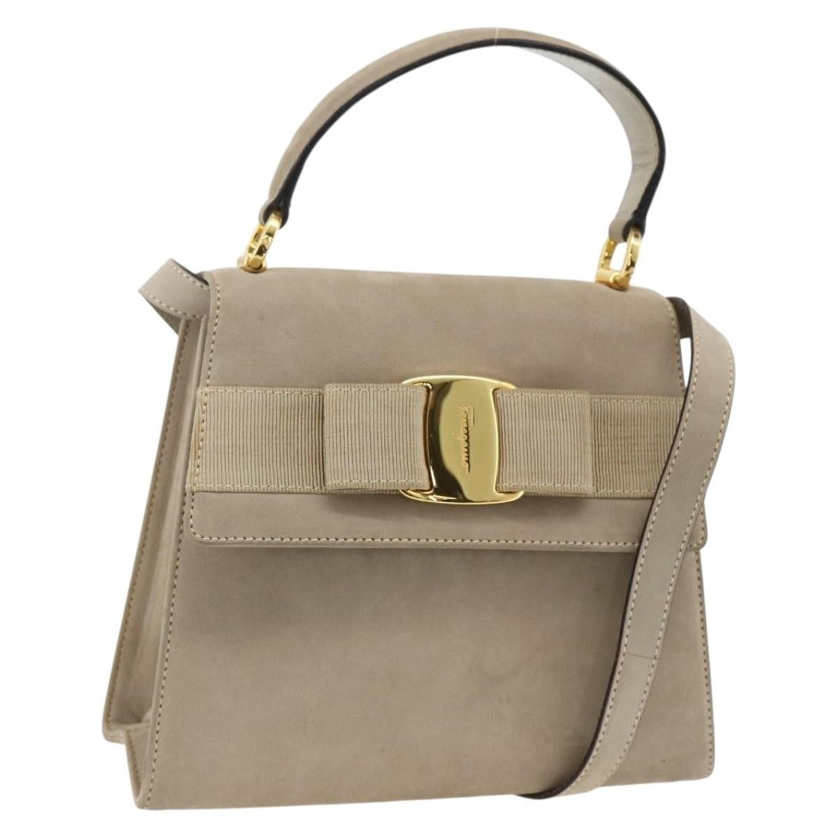 Salvatore Ferragamo Convertible Vara Bow Tote Suede Beige Suede Handbag (Pre-Owned)