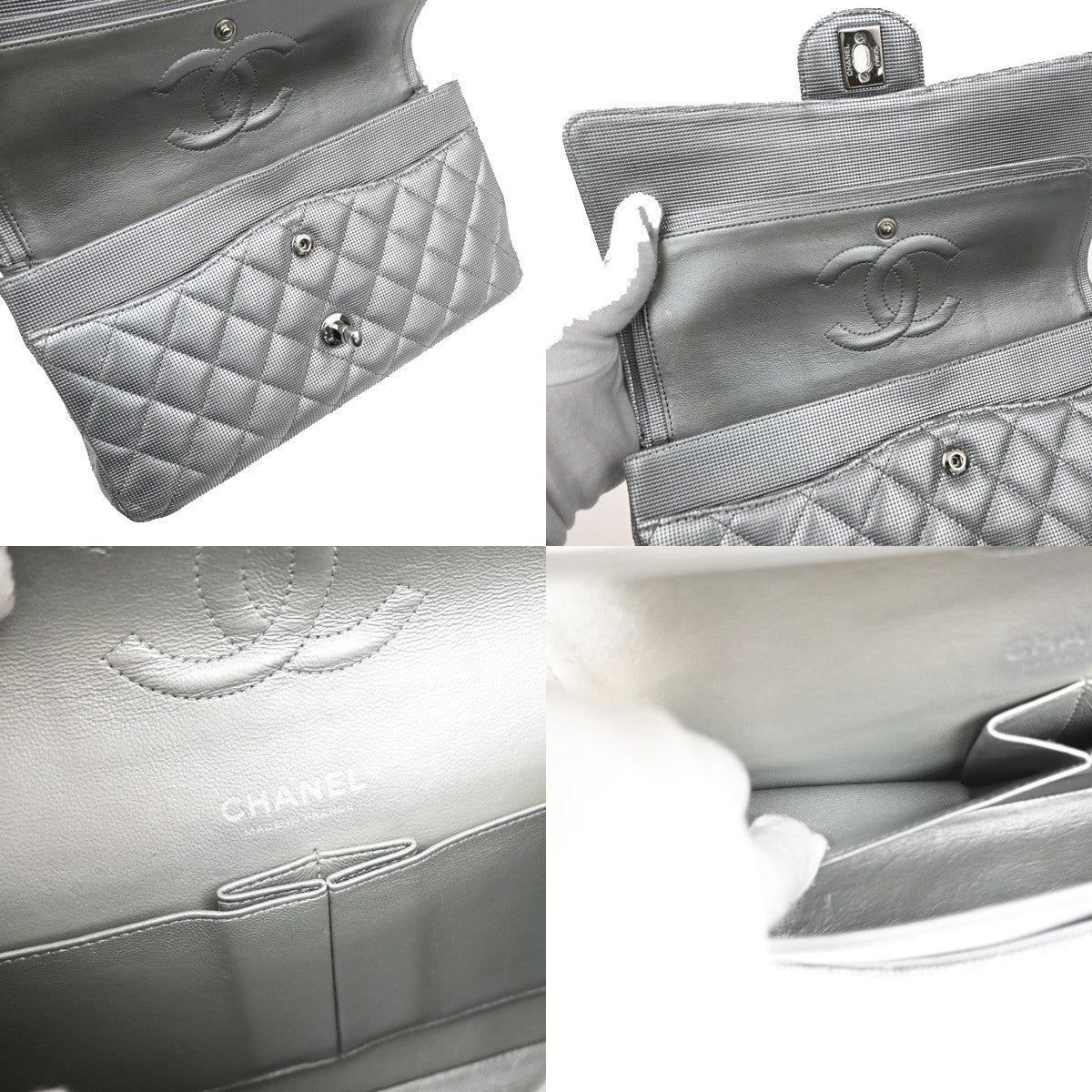 Chanel Classic Timeless Double Flap Pixel Effect Quilted Calfskin Silver Leather Handbag (Pre-Owned)