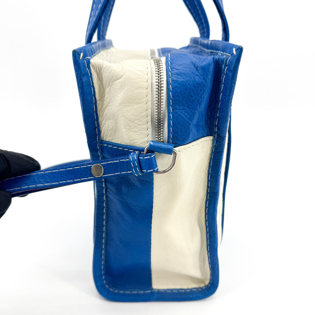 Balenciaga Bazar Striped Leather Blue Leather Tote Bag Bag (Pre-Owned)