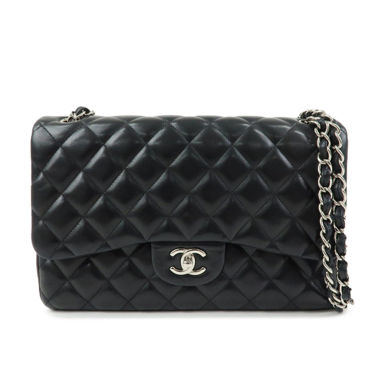 Chanel Classic Timeless Double Flap Quilted Lambskin Black Leather Handbag (Pre-Owned)