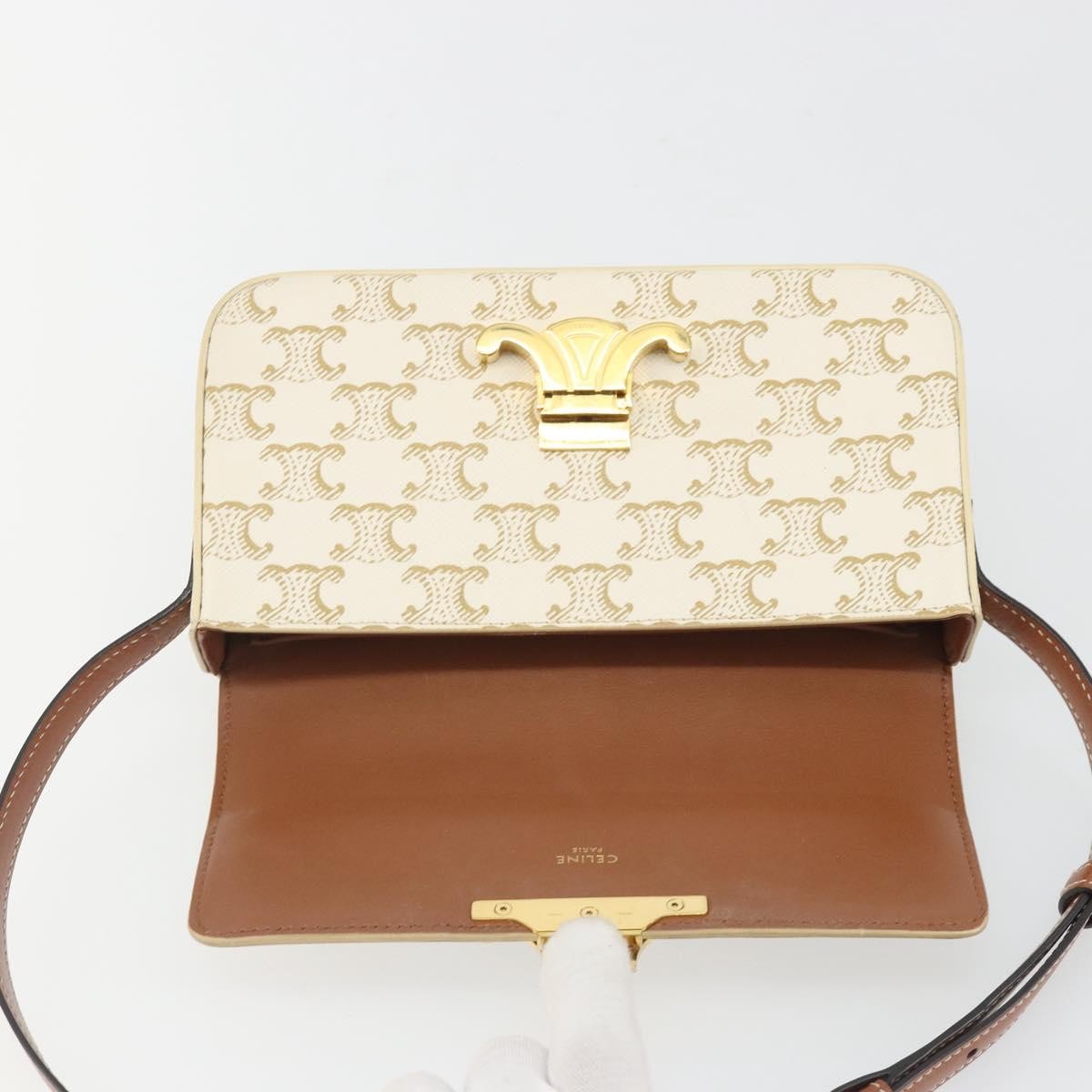 Celine Triomphe Strap Bag Monogram Canvas White Leather Handbag (Pre-Owned)