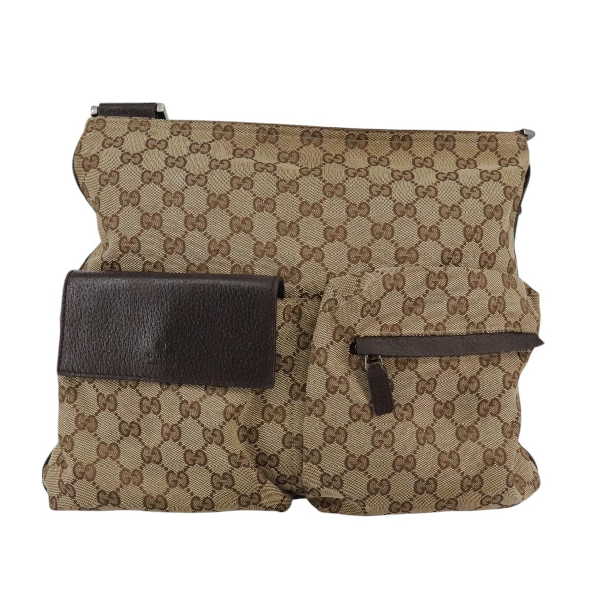 Gucci Double Pocket Web Messenger Gg Canvas And Leather Brown Canvas Shoulder Bag Bag (Pre-Owned)