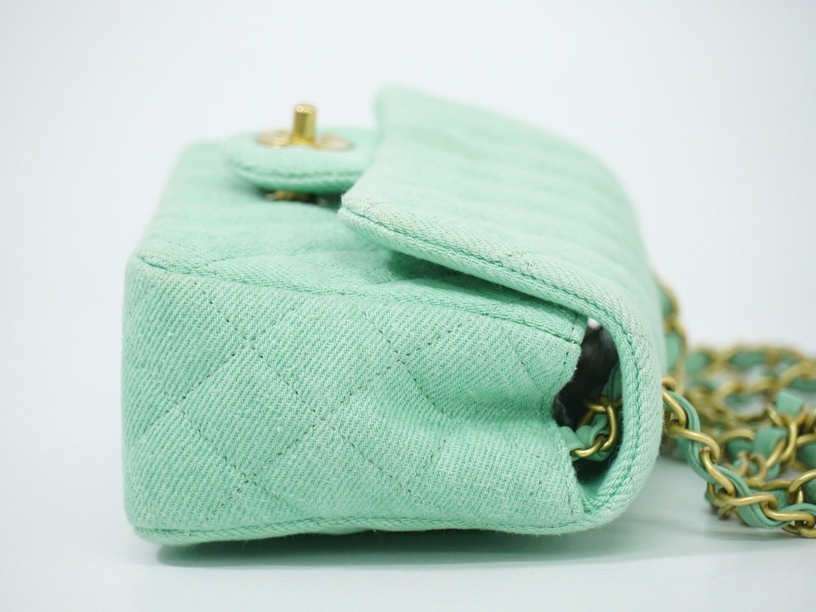 Chanel Classic Single Flap Top Handle Quilted Tweed Green Denim_Jeans Shoulder Bag Bag (Pre-Owned)