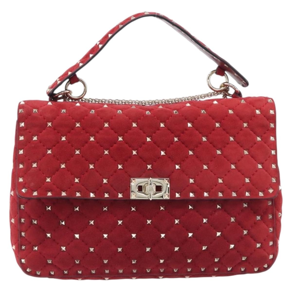 Valentino Garavani Rockstud Spike Flap Quilted Suede Red Suede Handbag (Pre-Owned)