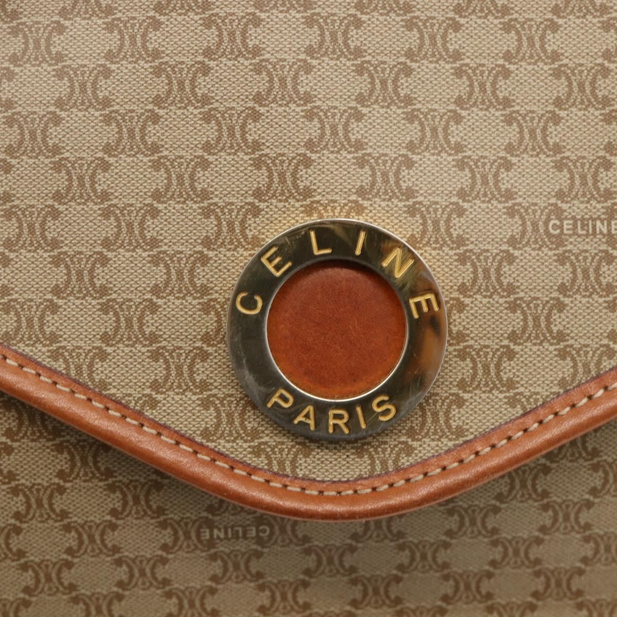 Celine Vintage Macadam Circle Logo Canvas And Leather Beige Canvas Shoulder Bag Bag (Pre-Owned)