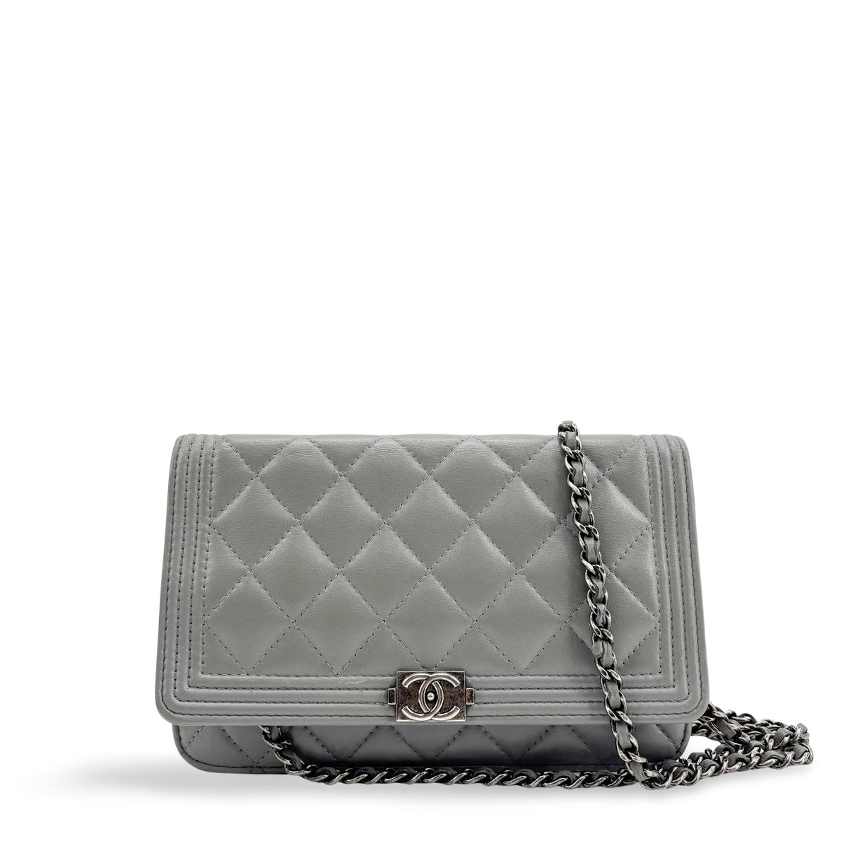 Chanel Boy Clutch Quilted Leather Gray Leather Shoulder Bag Bag (Pre-Owned)
