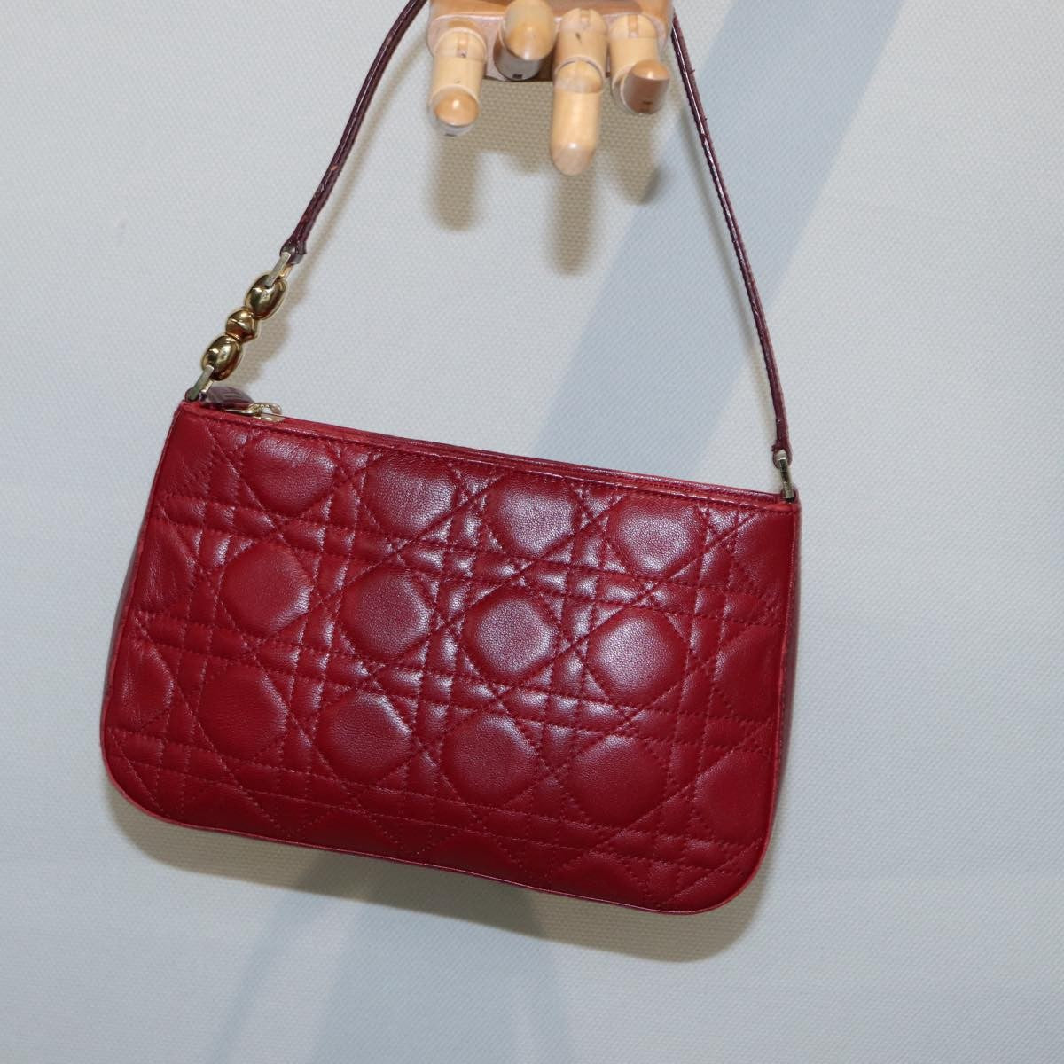 Christian Dior Lady Dior Zip Pochette Cannage Quilt Lambskin Red Leather Bag (Pre-Owned)