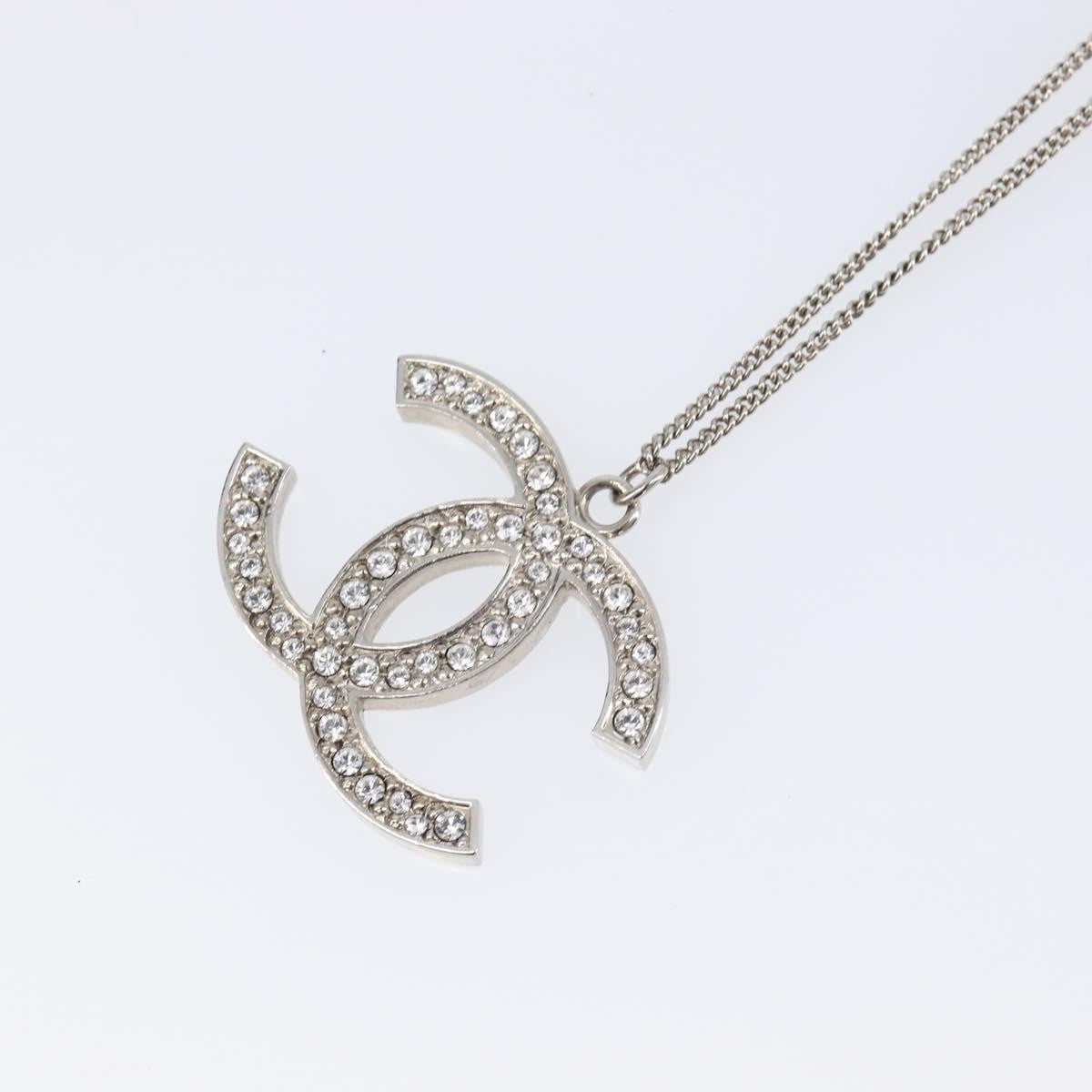 Chanel Cc Pendant Metal With Crystals Silver Metal Necklace Jewelry (Pre-Owned)