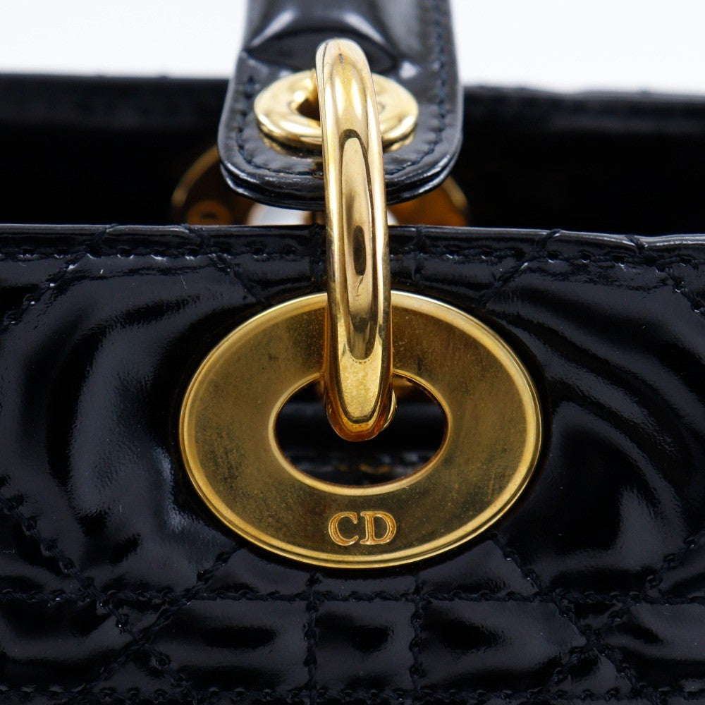 Christian Dior Lady Dior Nm Cannage Quilt Patent Black Patent_Leather Tote Bag Bag (Pre-Owned)