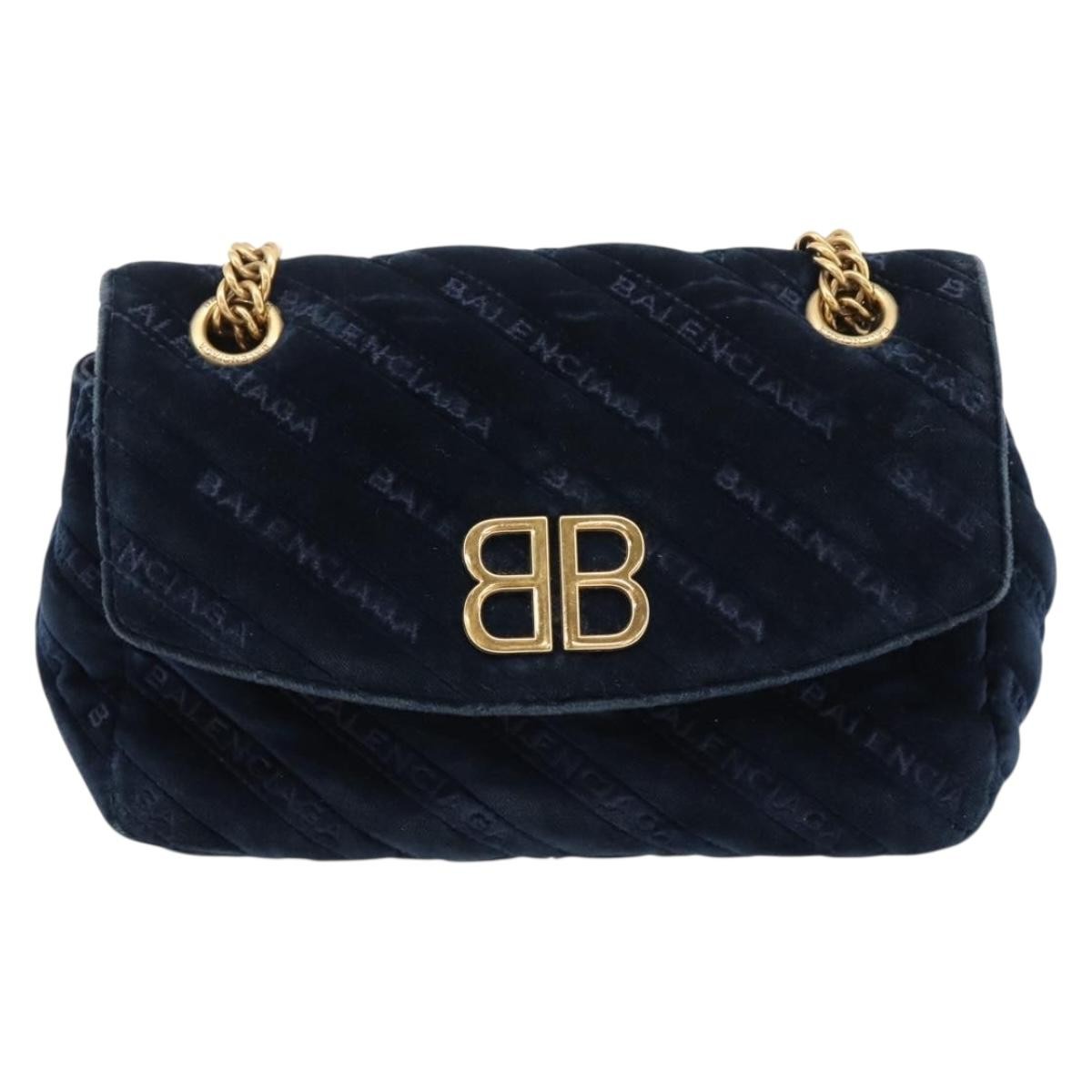 Balenciaga Bb Chain Round Quilted Velvet Navy Velvet Shoulder Bag Bag (Pre-Owned)