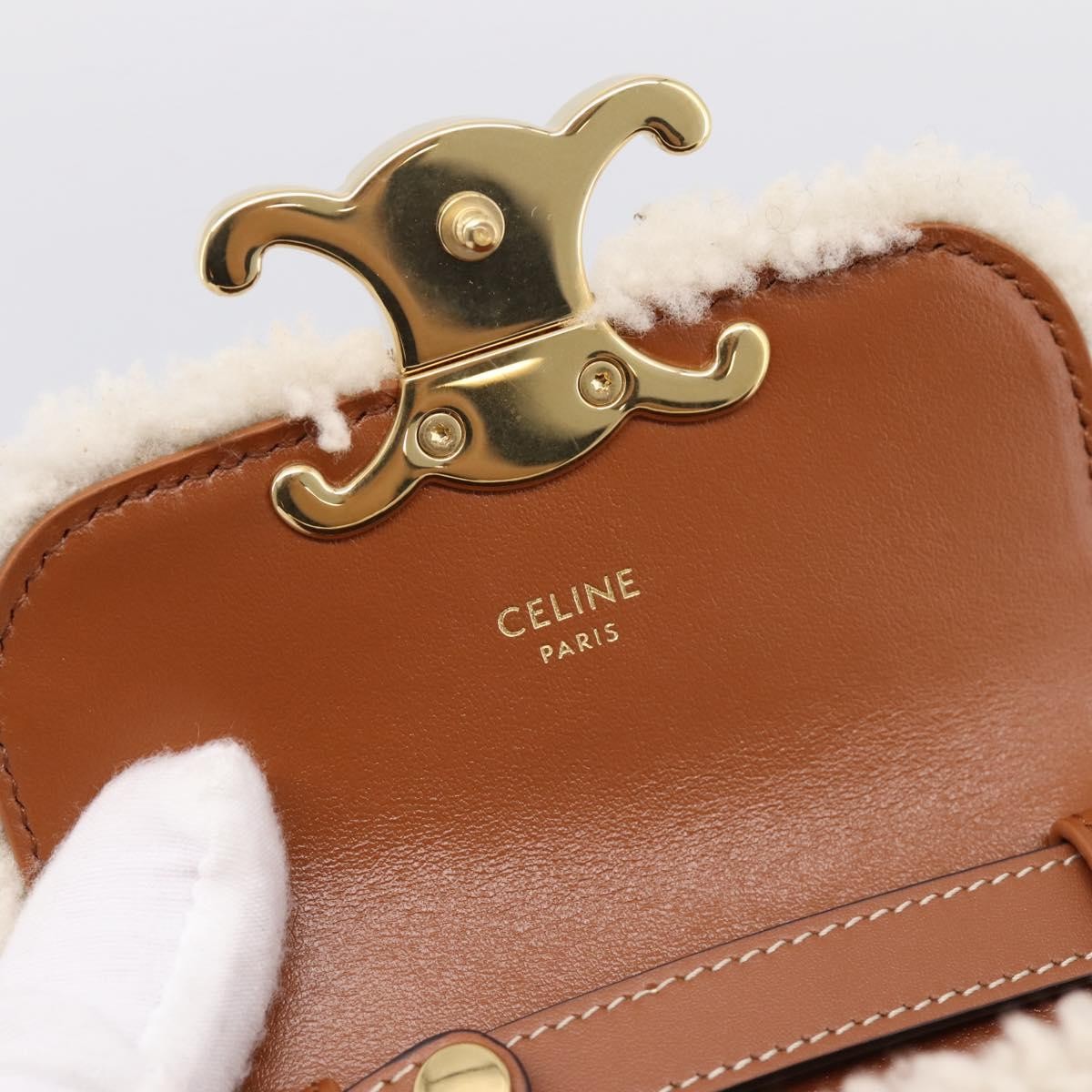Celine Triomphe Shoulder Shearling Beige Wool Handbag (Pre-Owned)