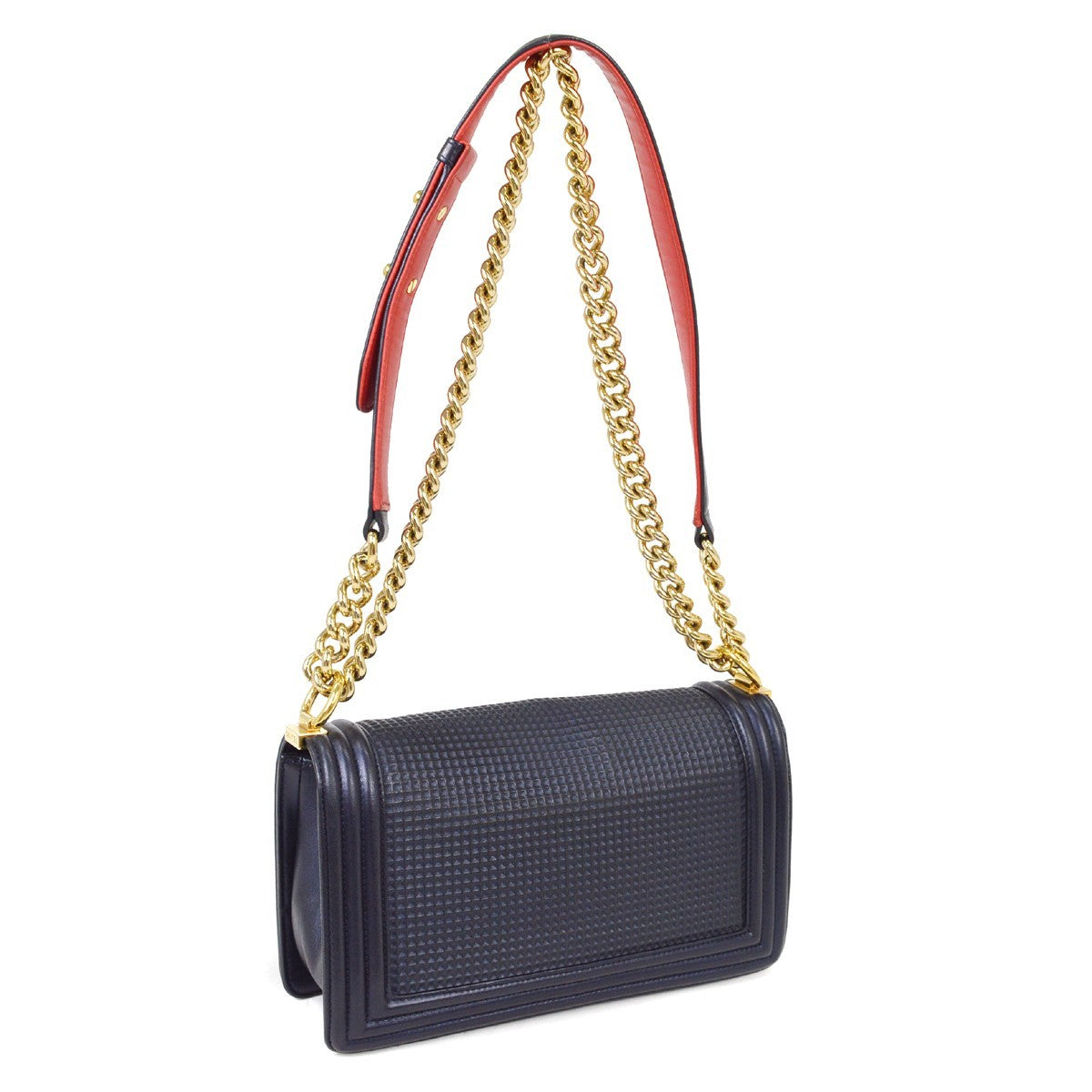Chanel Boy Flap Cube Embossed Lambskin Navy Leather Shoulder Bag Bag (Pre-Owned)