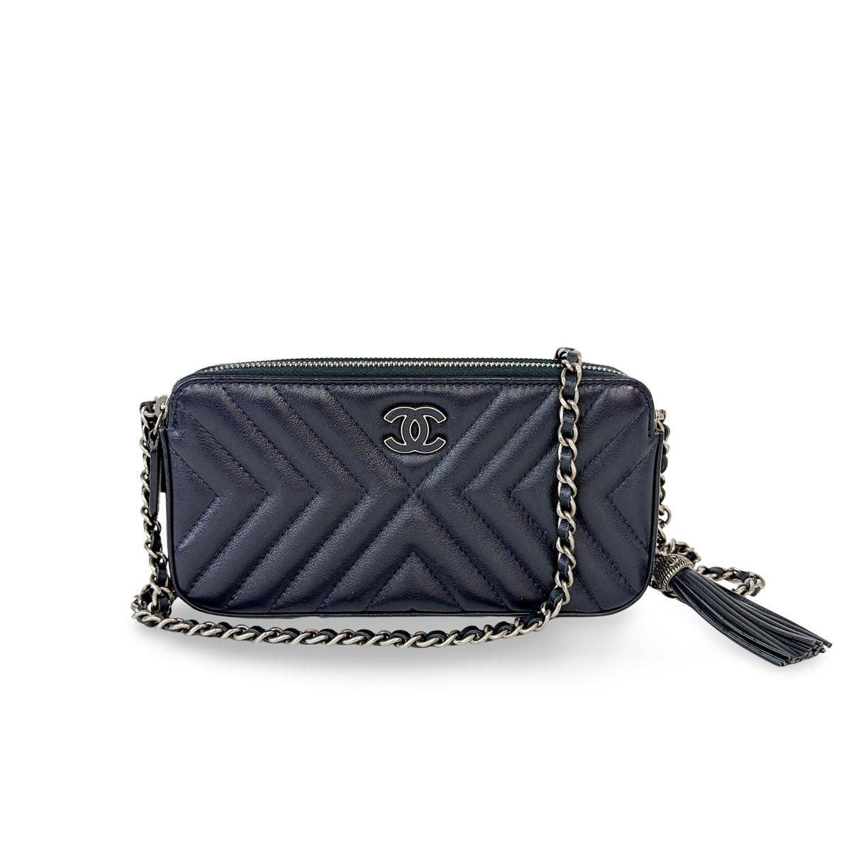 Chanel Cc Double Zip Clutch With Chain Chevron Lambskin Navy Leather Clutche & Pouche Bag (Pre-Owned)