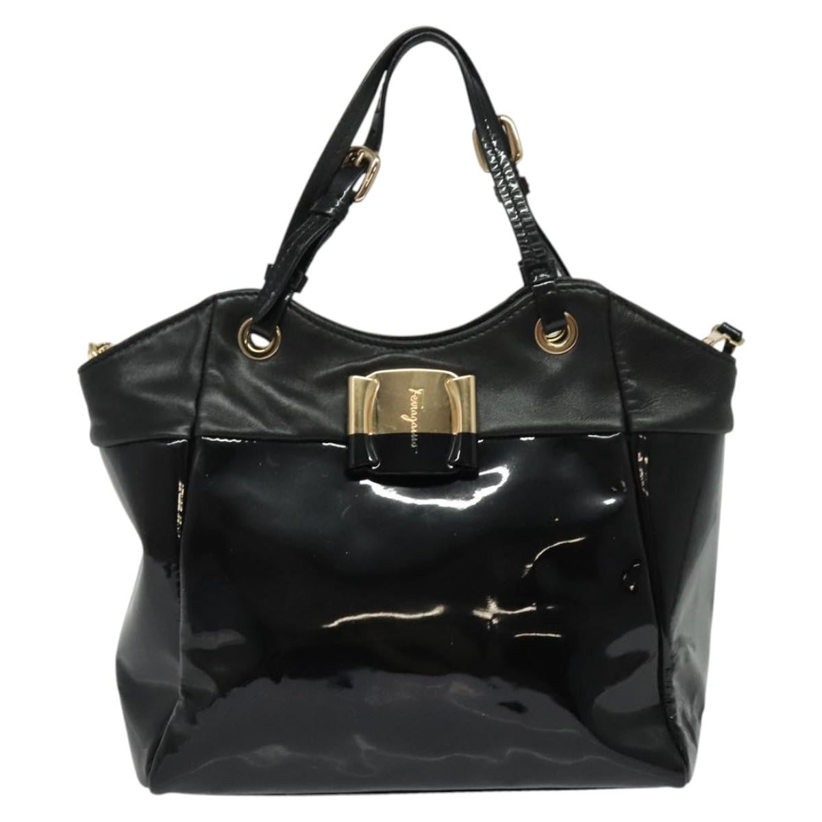 Salvatore Ferragamo Vala Patent Leather Black Patent_Leather Handbag (Pre-Owned)