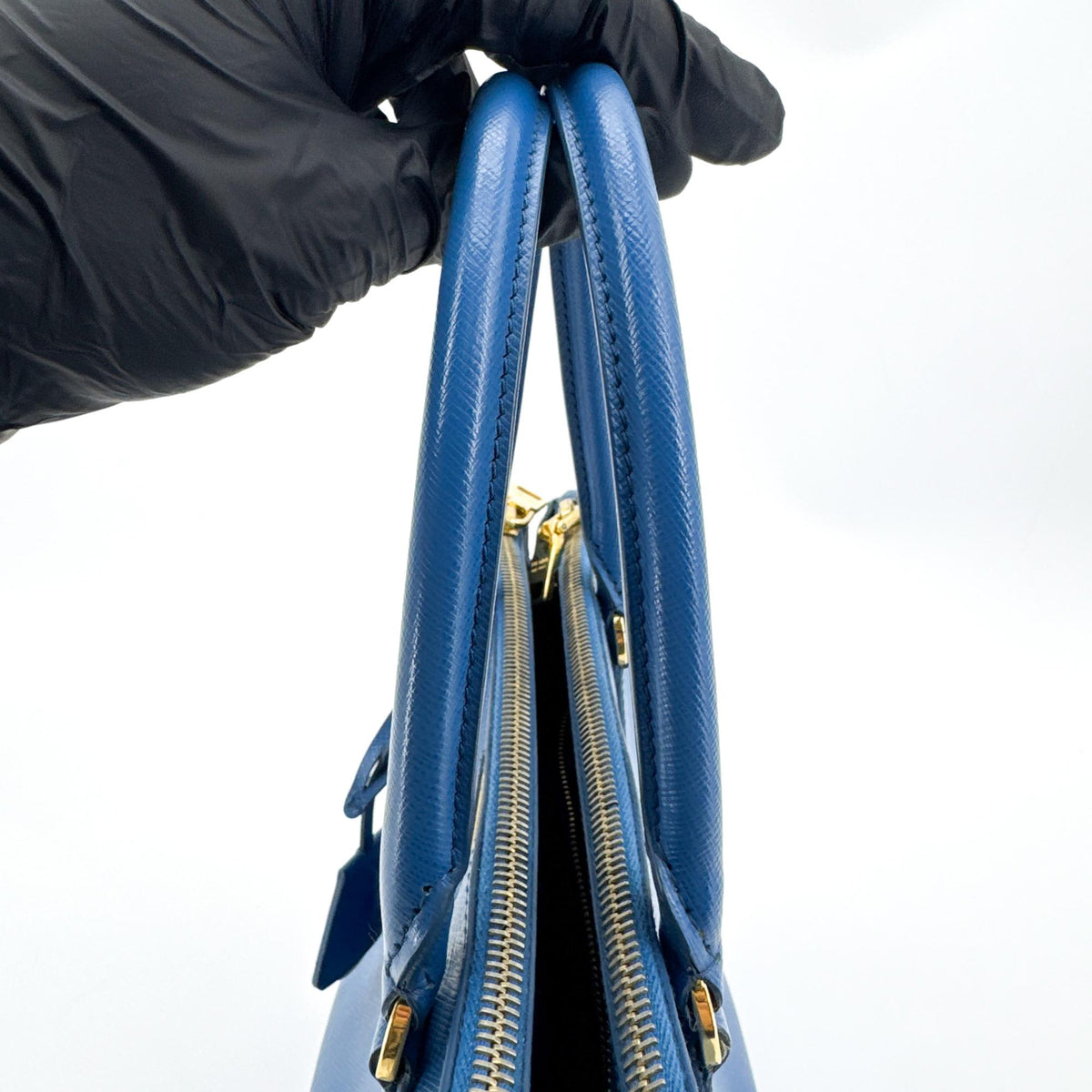 Prada Double Zip Lux Saffiano Leather Blue Leather Tote Bag Bag (Pre-Owned)