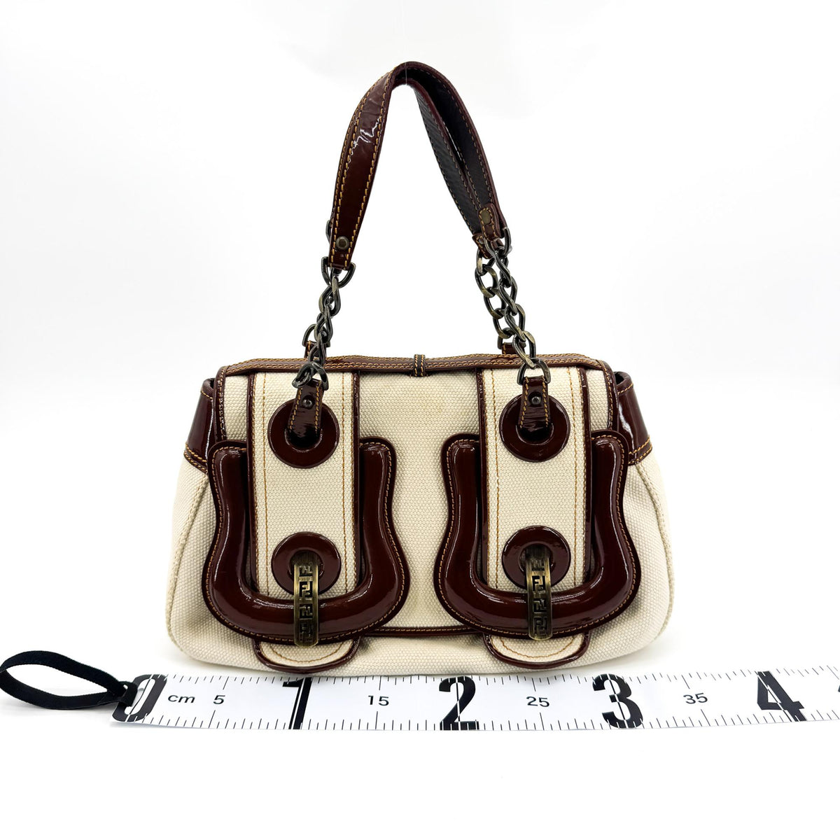 Fendi B. Bag Canvas With Patent Brown Canvas Handbag (Pre-Owned)