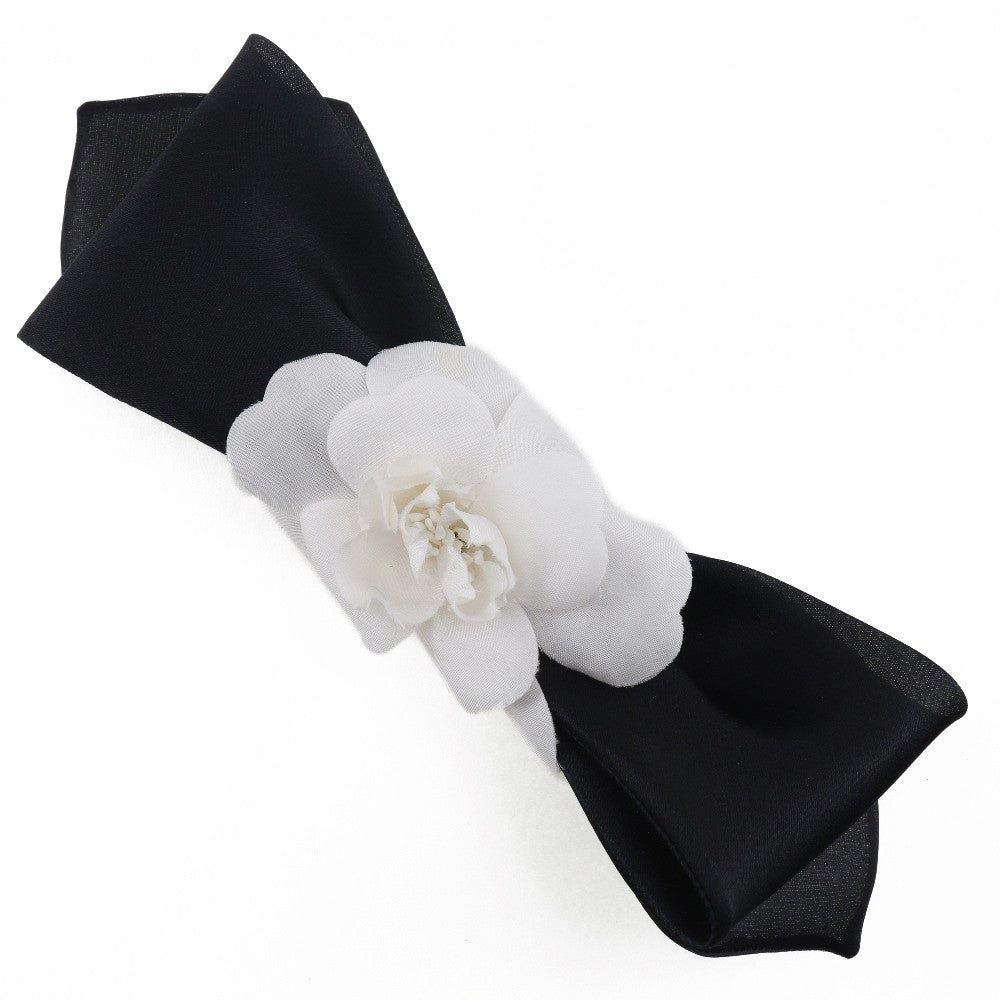Chanel Camellia Ribbon Headband Silk Black Satin Head Accessory Accessory (Pre-Owned)