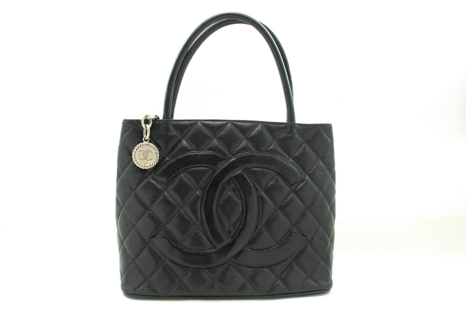 Chanel Medallion Tote Quilted Caviar Black Leather Tote Bag Bag (Pre-Owned)