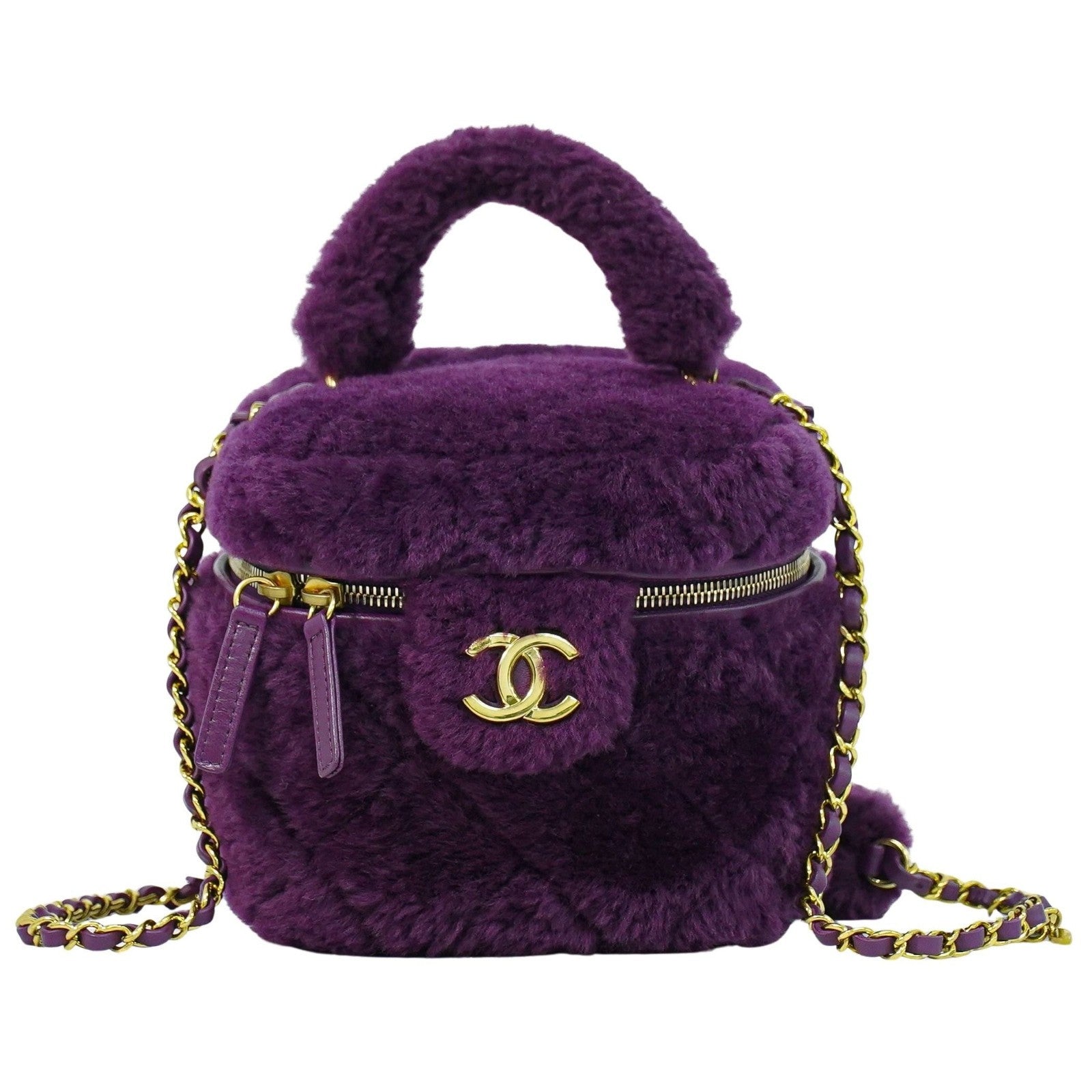 Chanel Coconing Top Handle Vanity Case With Chain Quilted Shearling Purple Faux_Fur Clutche & Pouche Bag (Pre-Owned)