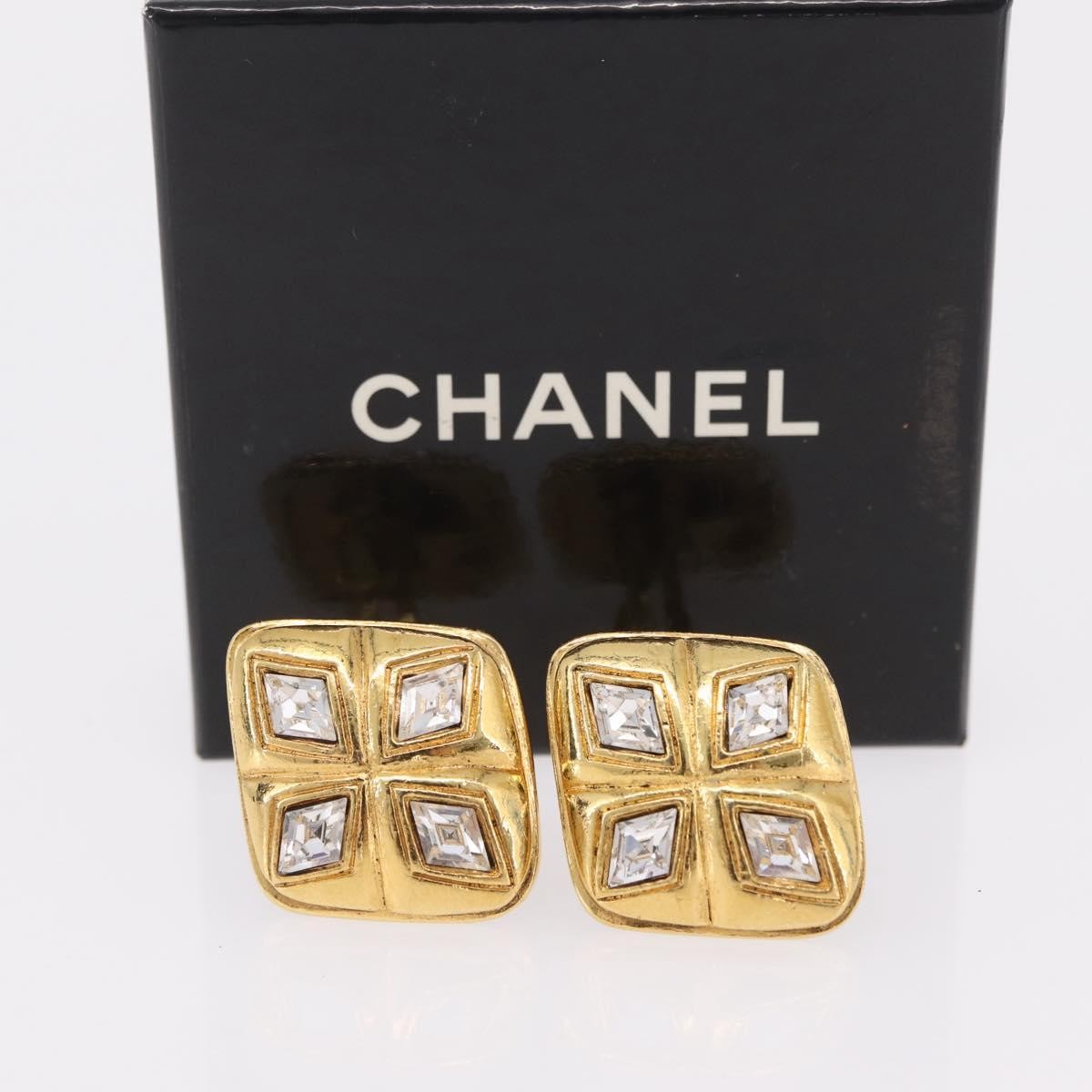 Chanel Vintage Diamond Clip-On Metal With Crystals Gold Metal Earrings Jewelry (Pre-Owned)