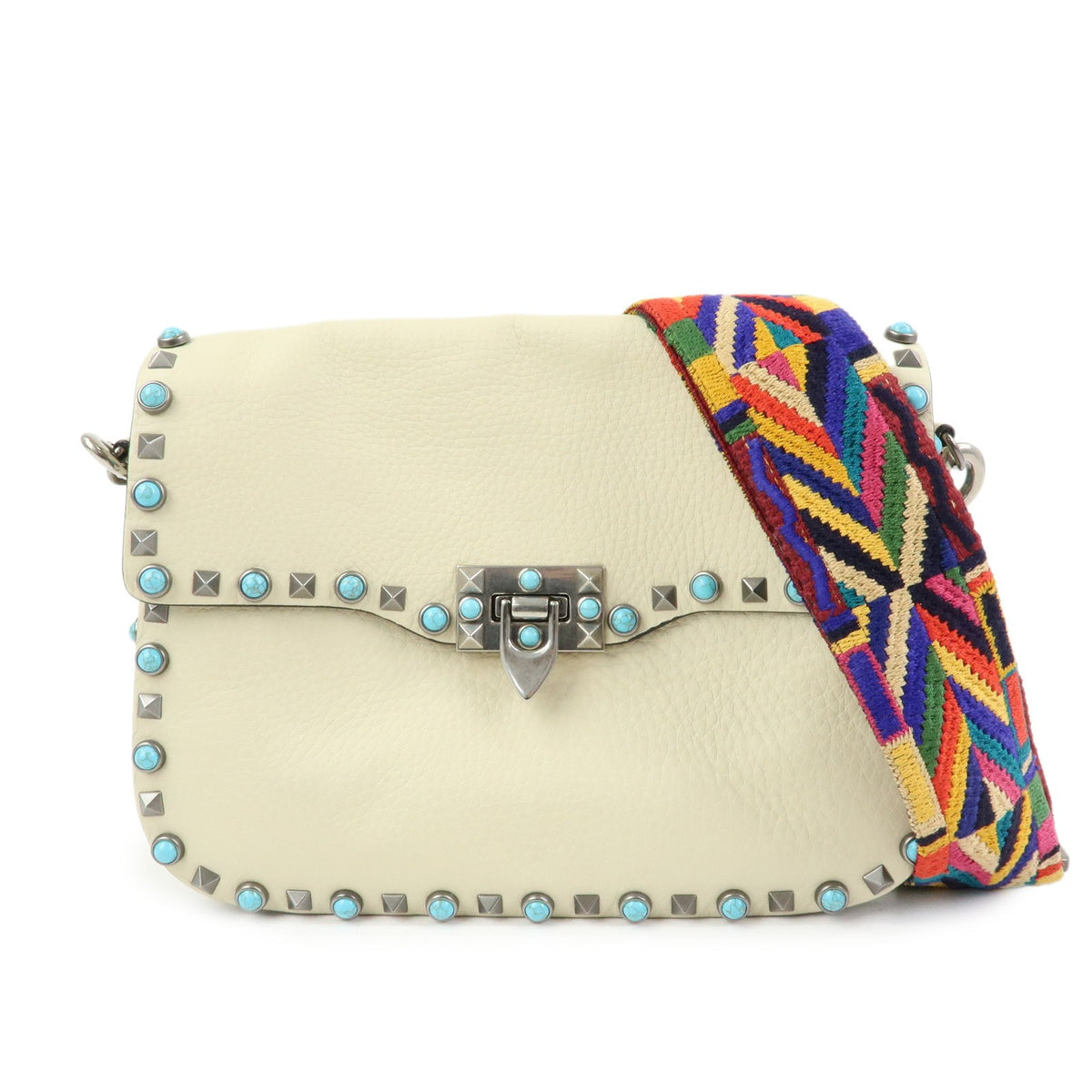 Valentino Garavani Rolling Rockstud Leather With Cabochons Multicolour Leather Crossbody Bag Bag (Pre-Owned)