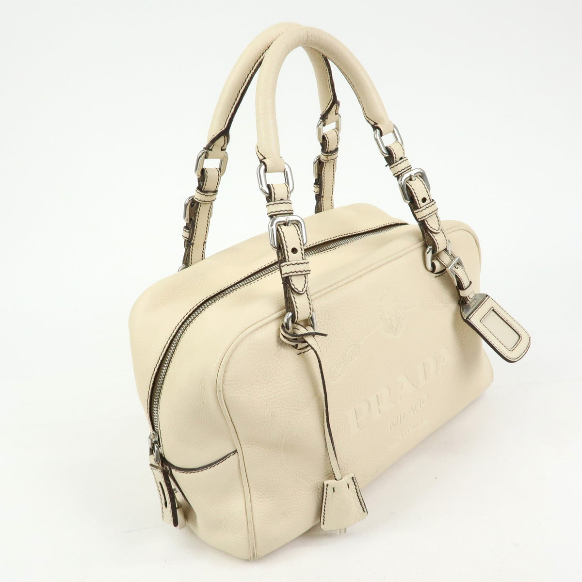 Prada Embossed Logo Bauletto Vitello Daino Beige Leather Handbag (Pre-Owned)