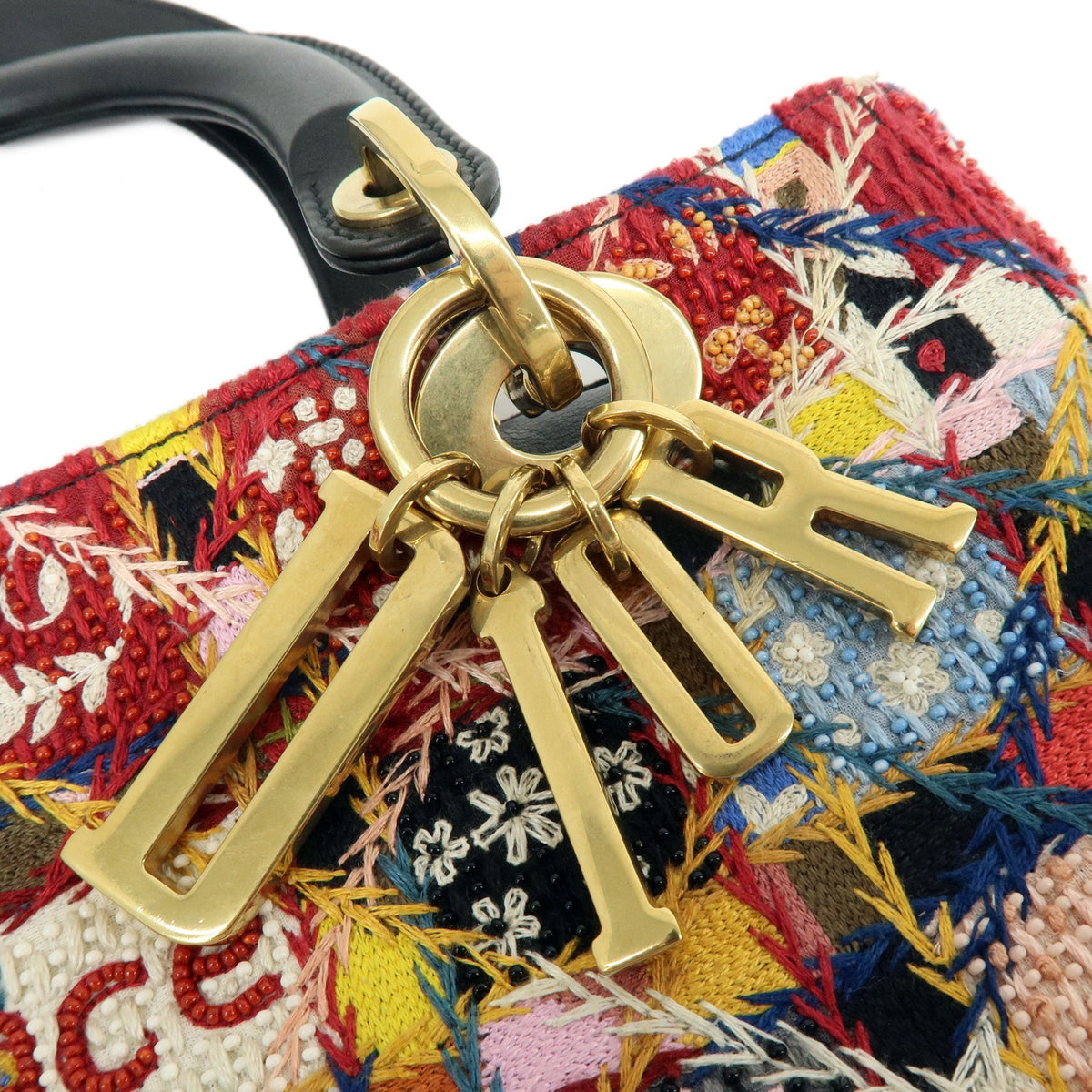 Christian Dior Lady Dior Embroidered Canvas Multicolour Beads Handbag (Pre-Owned)