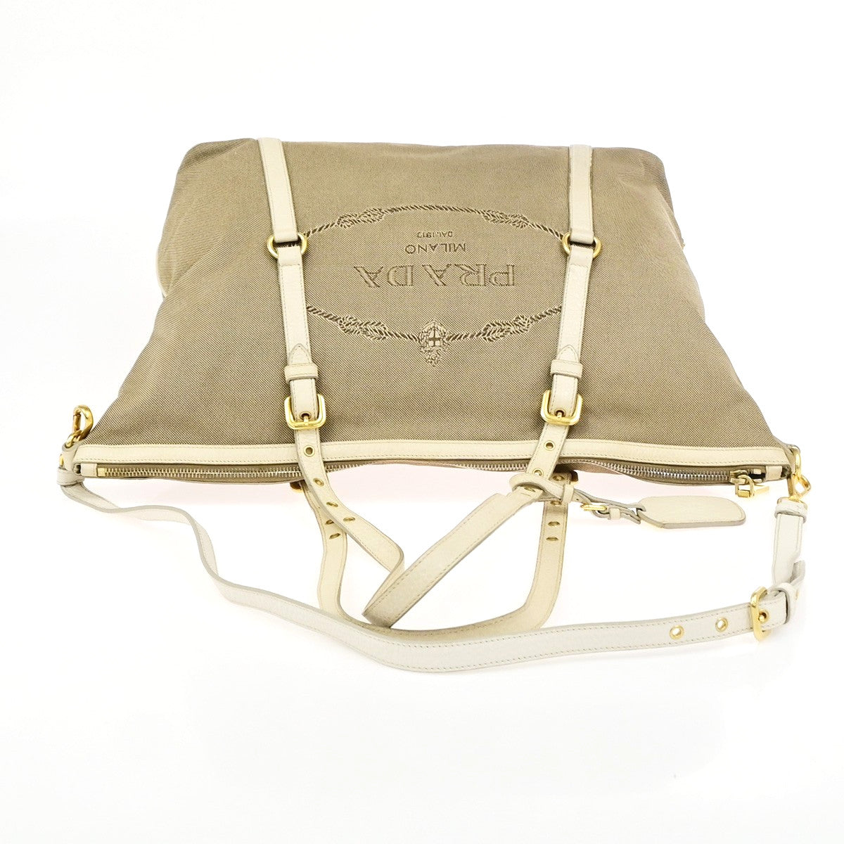 Prada Logo Convertible Shopper Canvas Brown Canvas Tote Bag Bag (Pre-Owned)