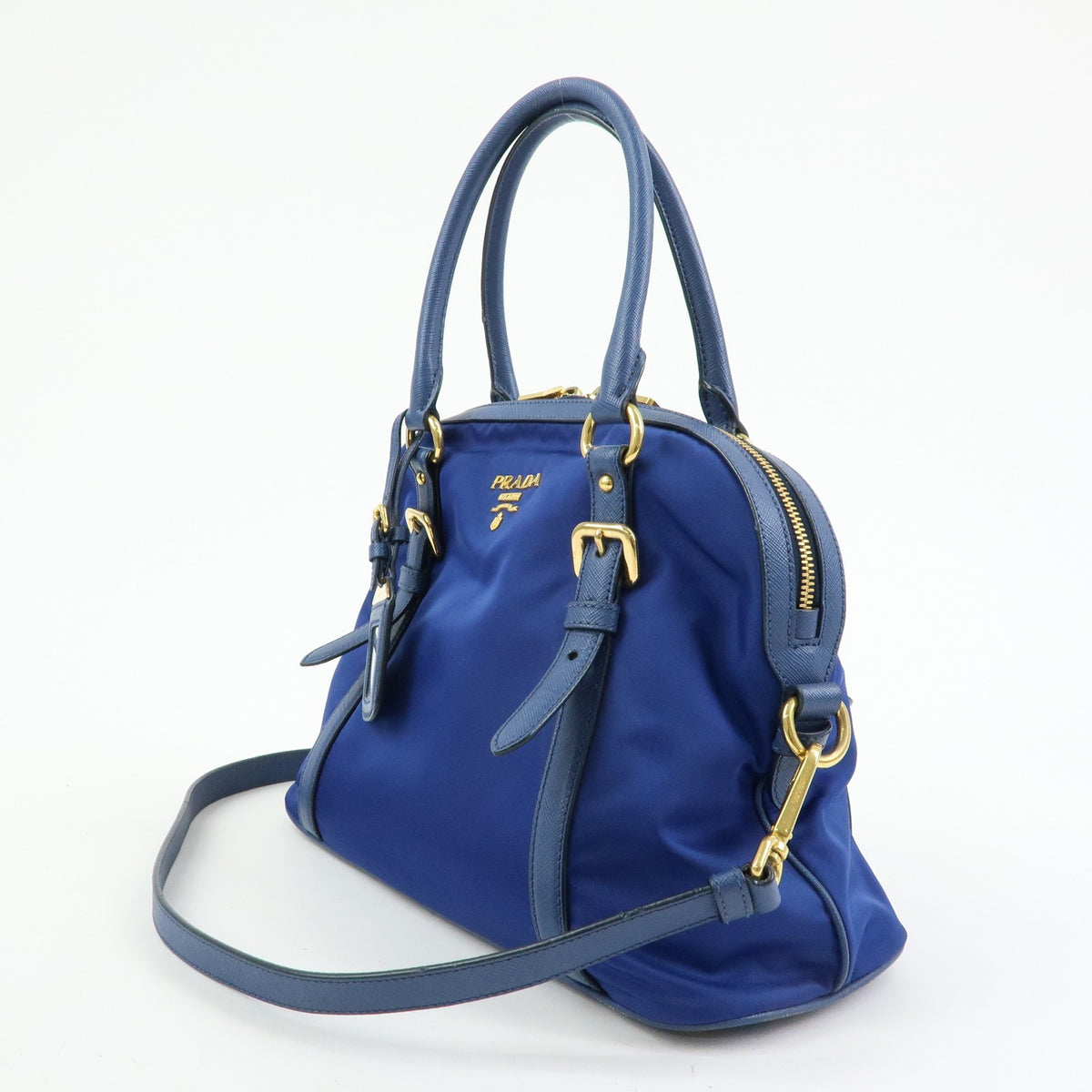 Prada Convertible Dome Satchel Tessuto With Saffiano Leather Blue Nylon Handbag (Pre-Owned)
