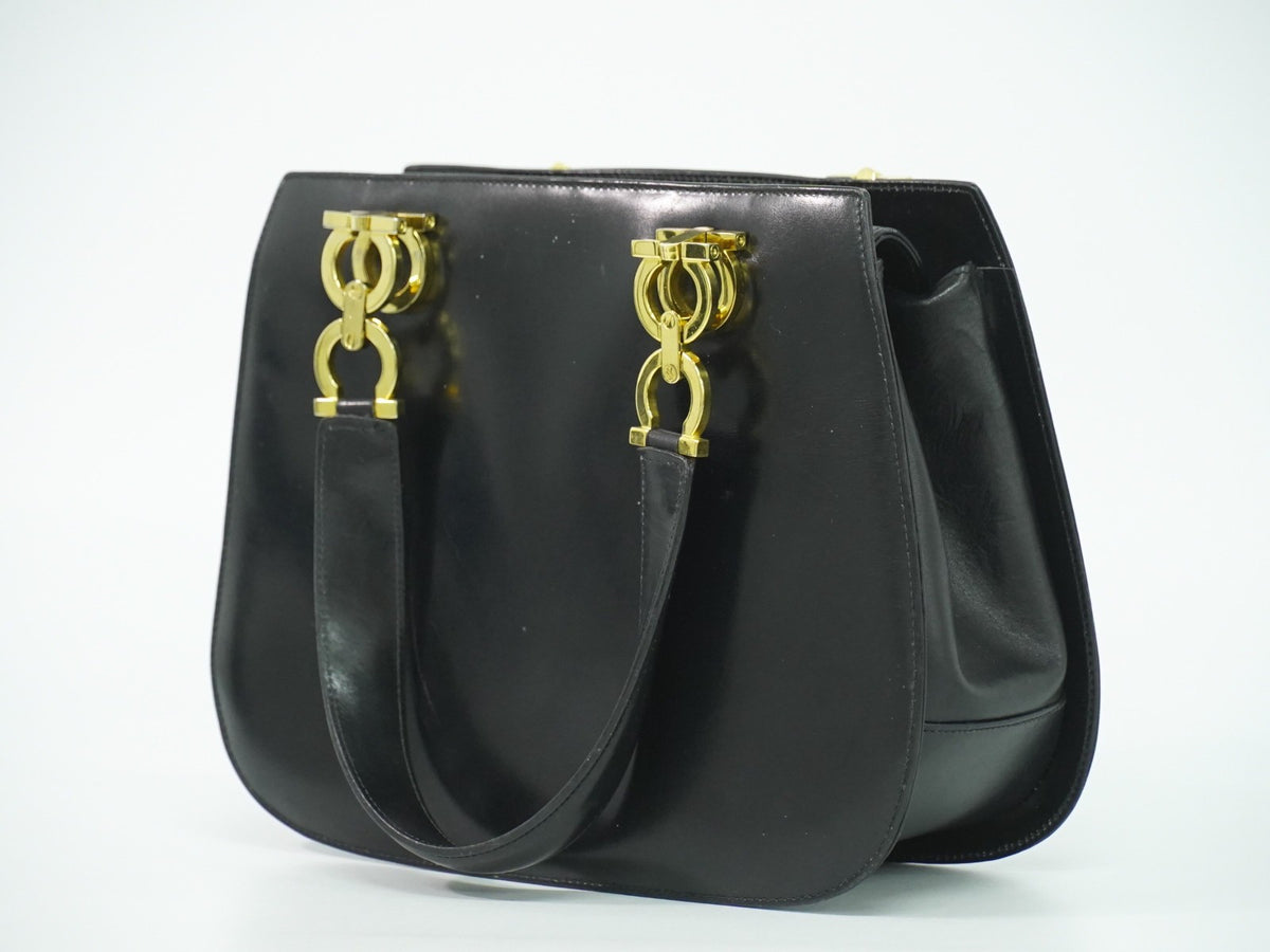 Salvatore Ferragamo Gancini Top Handle Leather Black Leather Handbag (Pre-Owned)