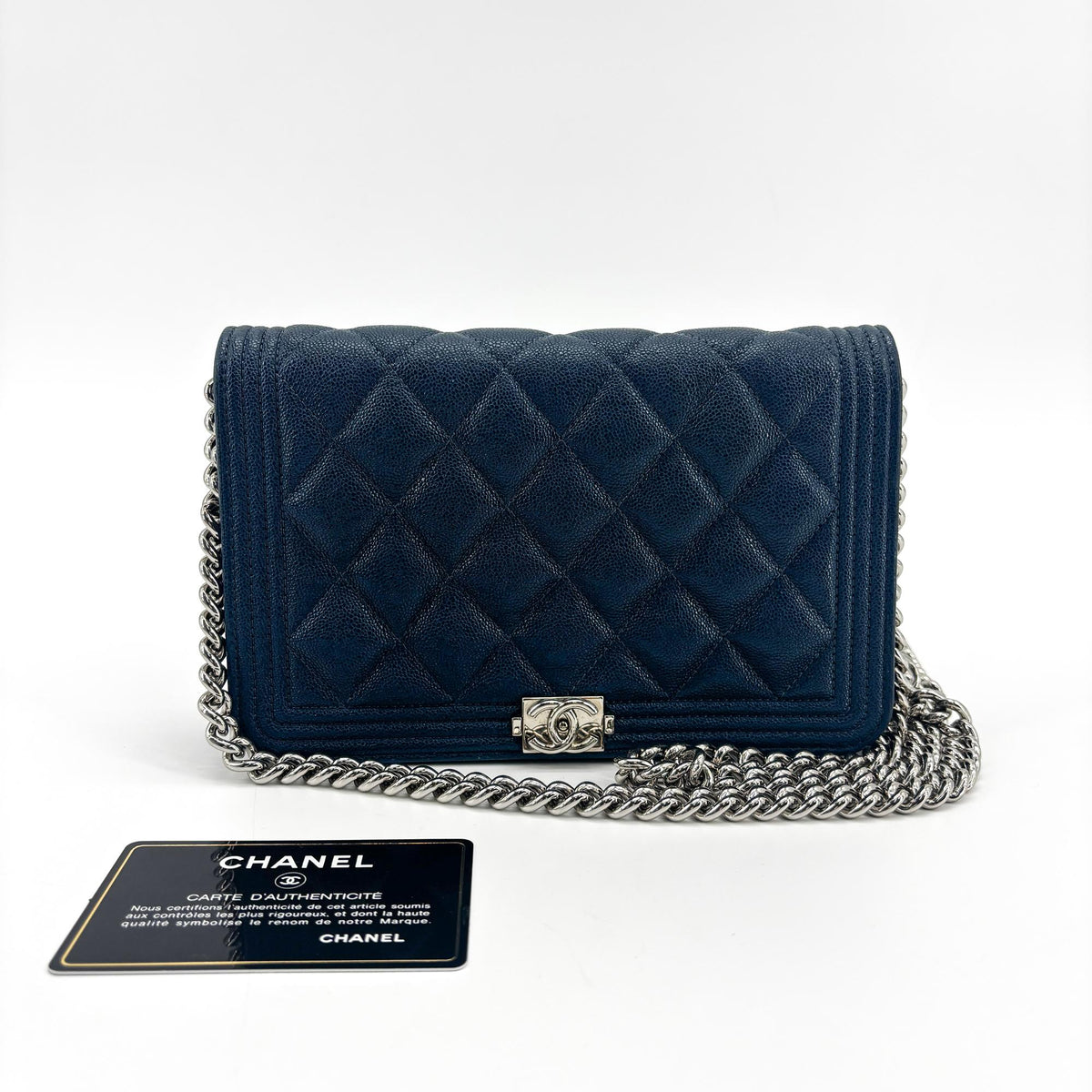 Chanel Boy Wallet On Chain Quilted Caviar Navy Leather Shoulder Bag Bag (Pre-Owned)