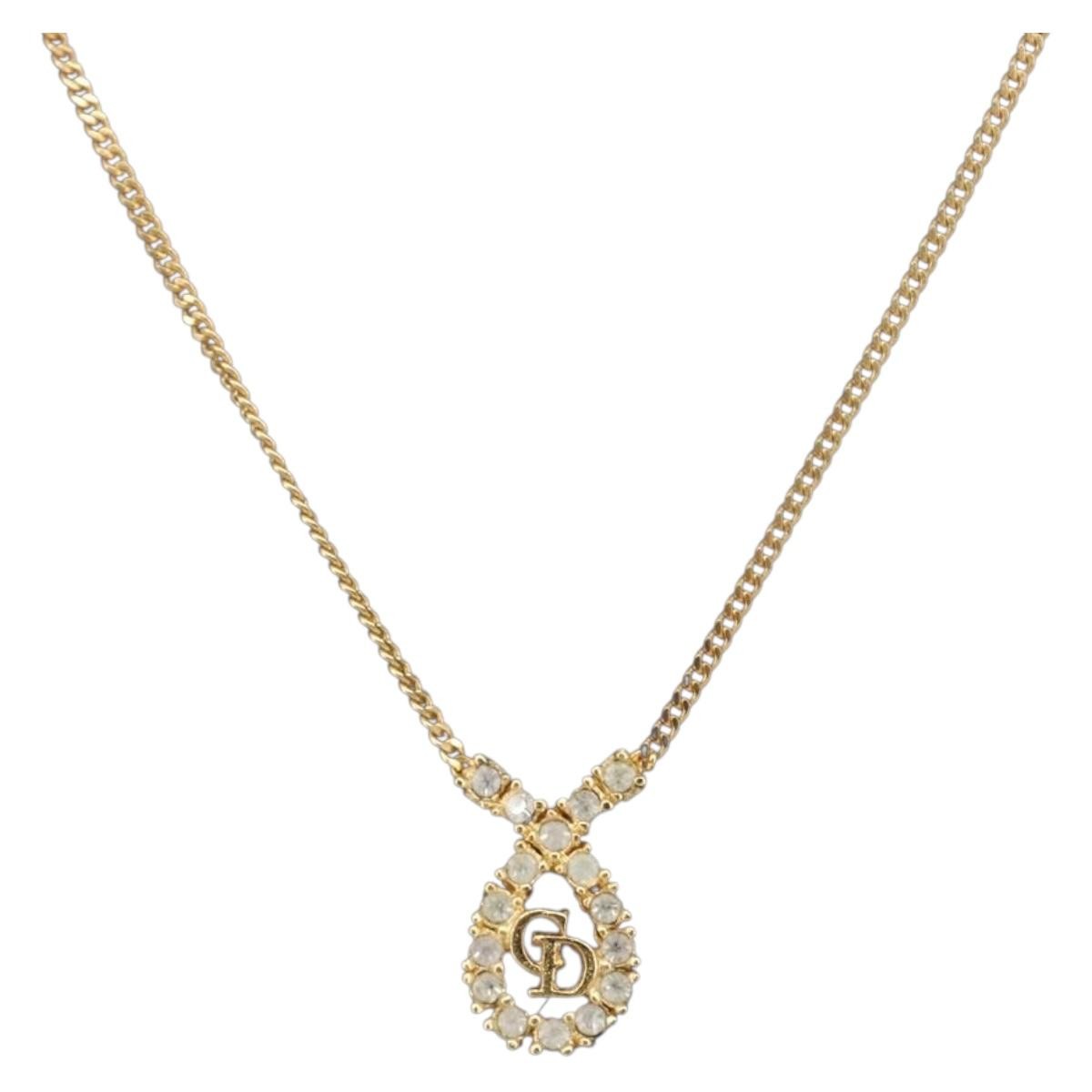 Christian Dior Cd Long Metal With Beads Gold Metal Necklace Jewelry (Pre-Owned)