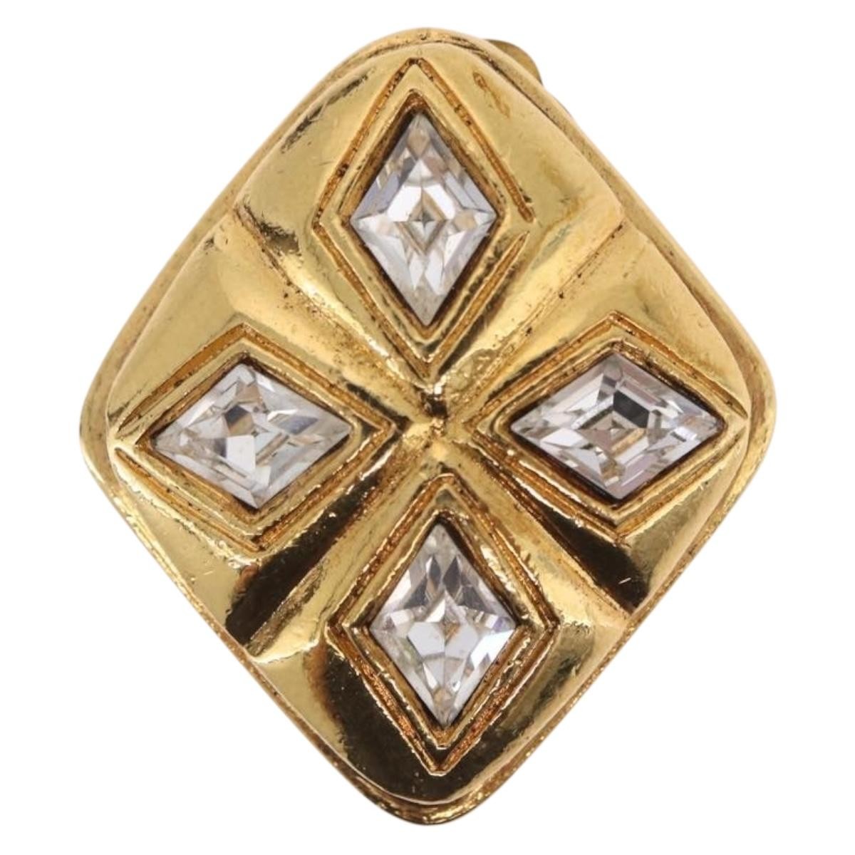 Chanel Vintage Diamond Clip-On Metal With Crystals Gold Metal Earrings Jewelry (Pre-Owned)