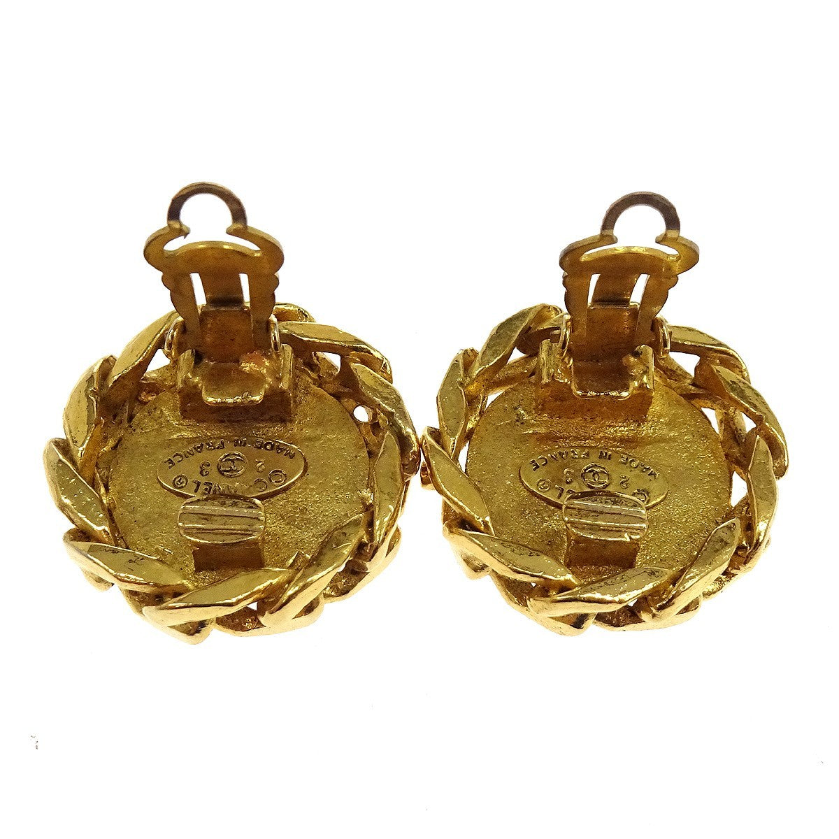 Chanel Vintage Cc Round Clip-On Metal With Crystals Gold Gold_Plated Earrings Jewelry (Pre-Owned)