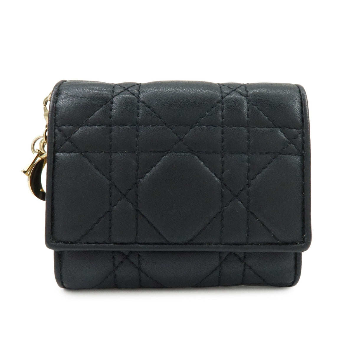 Christian Dior Lady Dior Lotus Cannage Quilt Lambskin Black Leather Wallets Accessory (Pre-Owned)