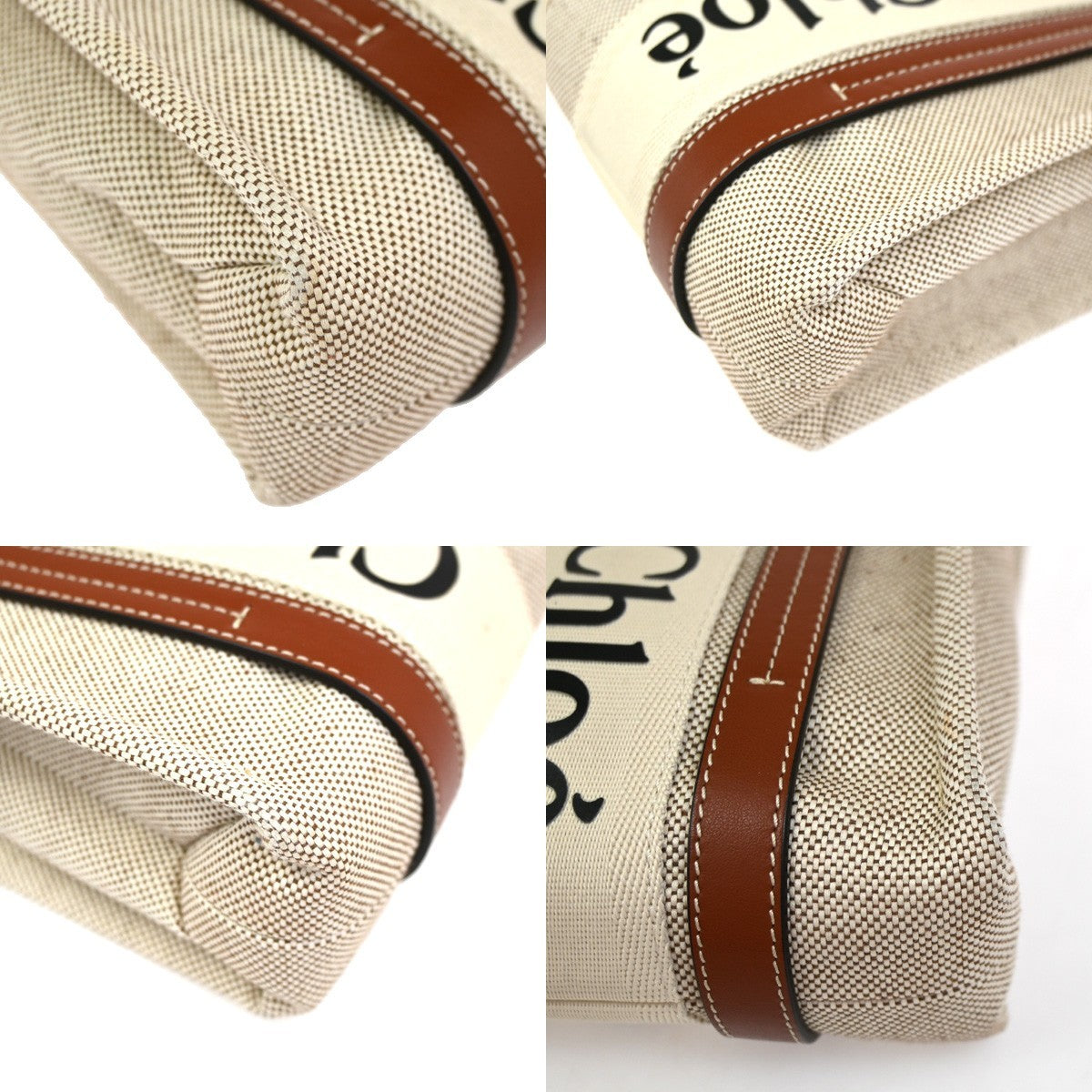 Chloe Woody Canvas With Leather Beige Canvas Tote Bag Bag (Pre-Owned)