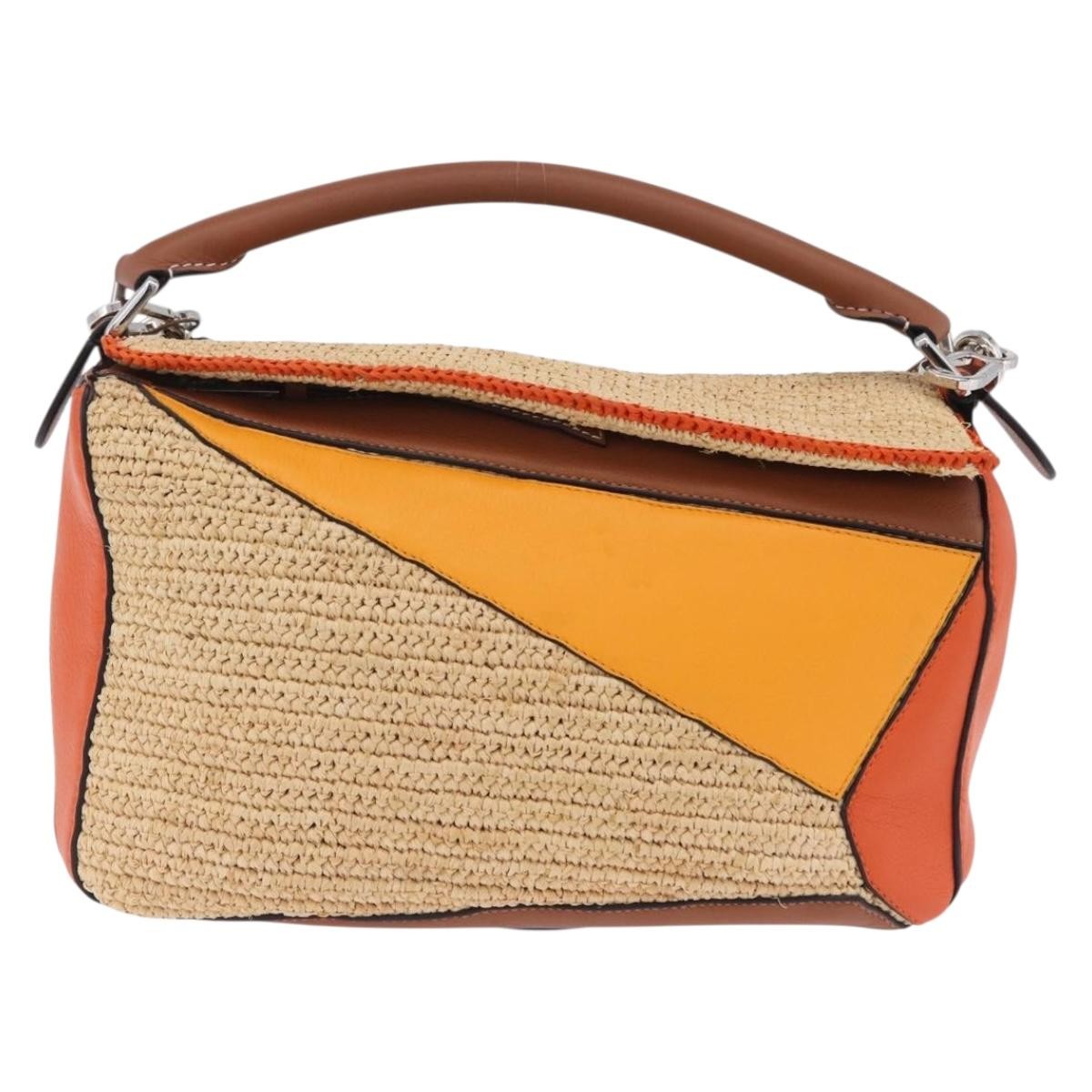 Loewe Puzzle Leather And Raffia Beige Leather Handbag (Pre-Owned)