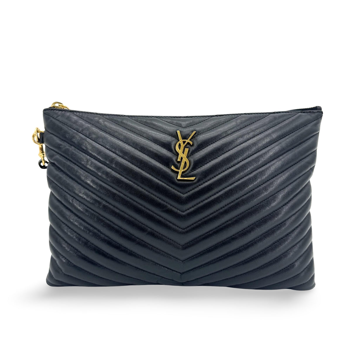 Saint Laurent Classic Monogram Wristlet Matelasse Chevron Leather Black Leather Clutche & Pouche Bag (Pre-Owned)