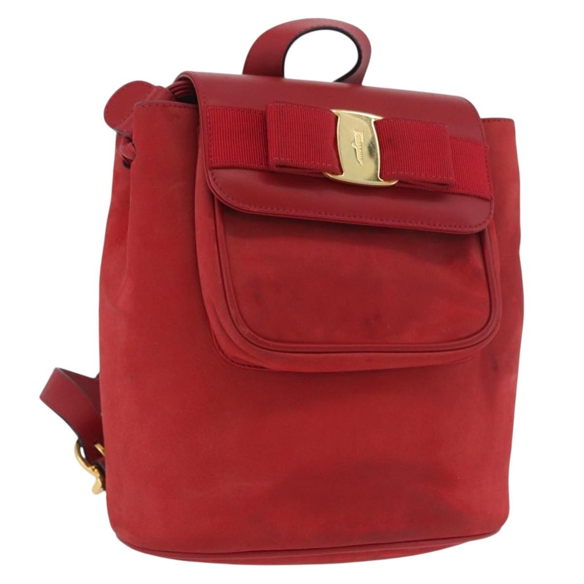Salvatore Ferragamo Vara Flap Drawstring Leather And Suede Red Suede Backpack Bag (Pre-Owned)