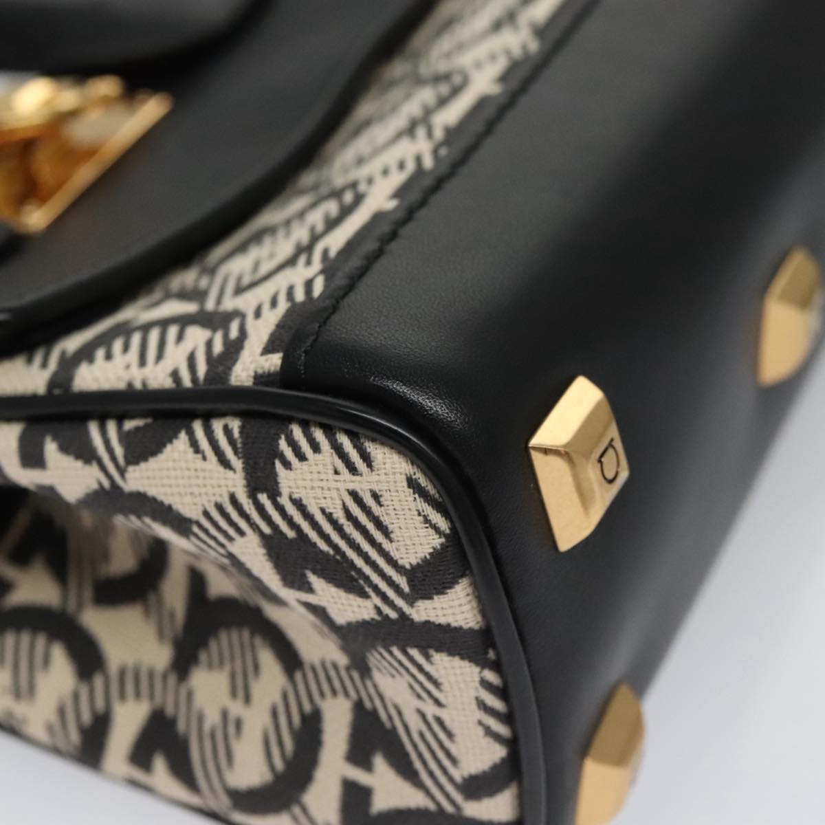 Salvatore Ferragamo Studio Satchel Gancini Jacquard And Leather Black Canvas Handbag (Pre-Owned)