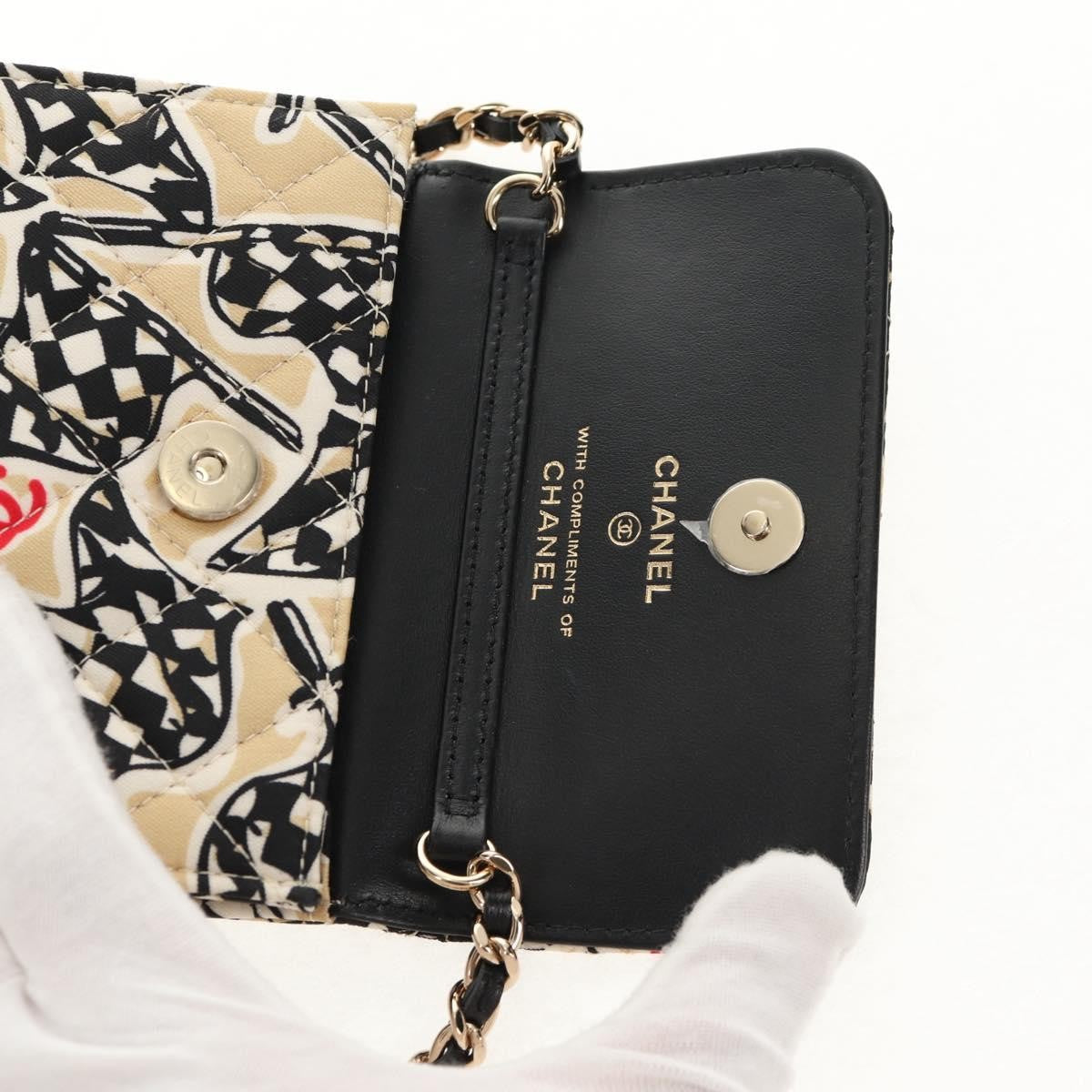 Chanel Flap Card Holder On Chain Quilted Printed Canvas Beige Satin Shoulder Bag Bag (Pre-Owned)